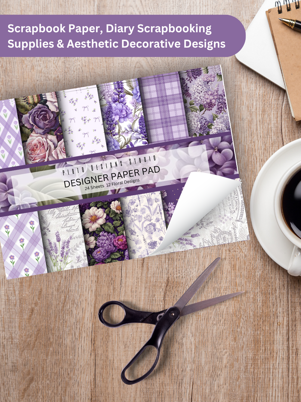 Designer Paper Pad – Elegant Lavender Purple Theme Floral Vintage Scrapbook Paper Set