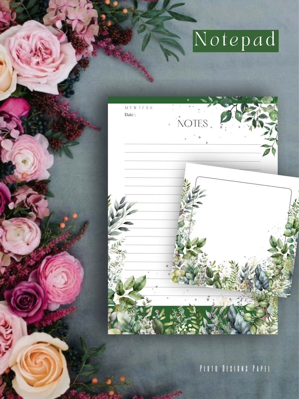 Personalized Weekly Planner & Notepad Sets in Roses and Green Garden