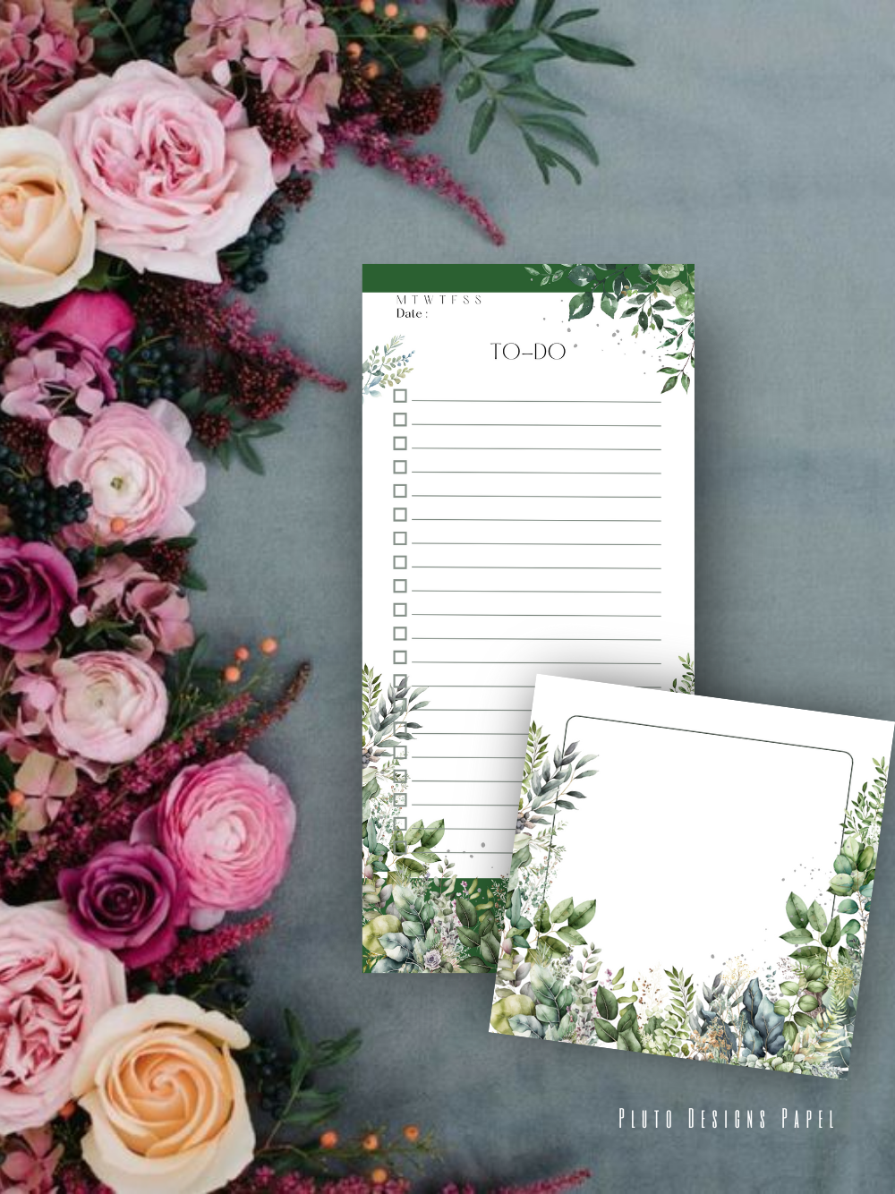 Personalized Weekly Planner & Notepad Sets in Roses and Green Garden