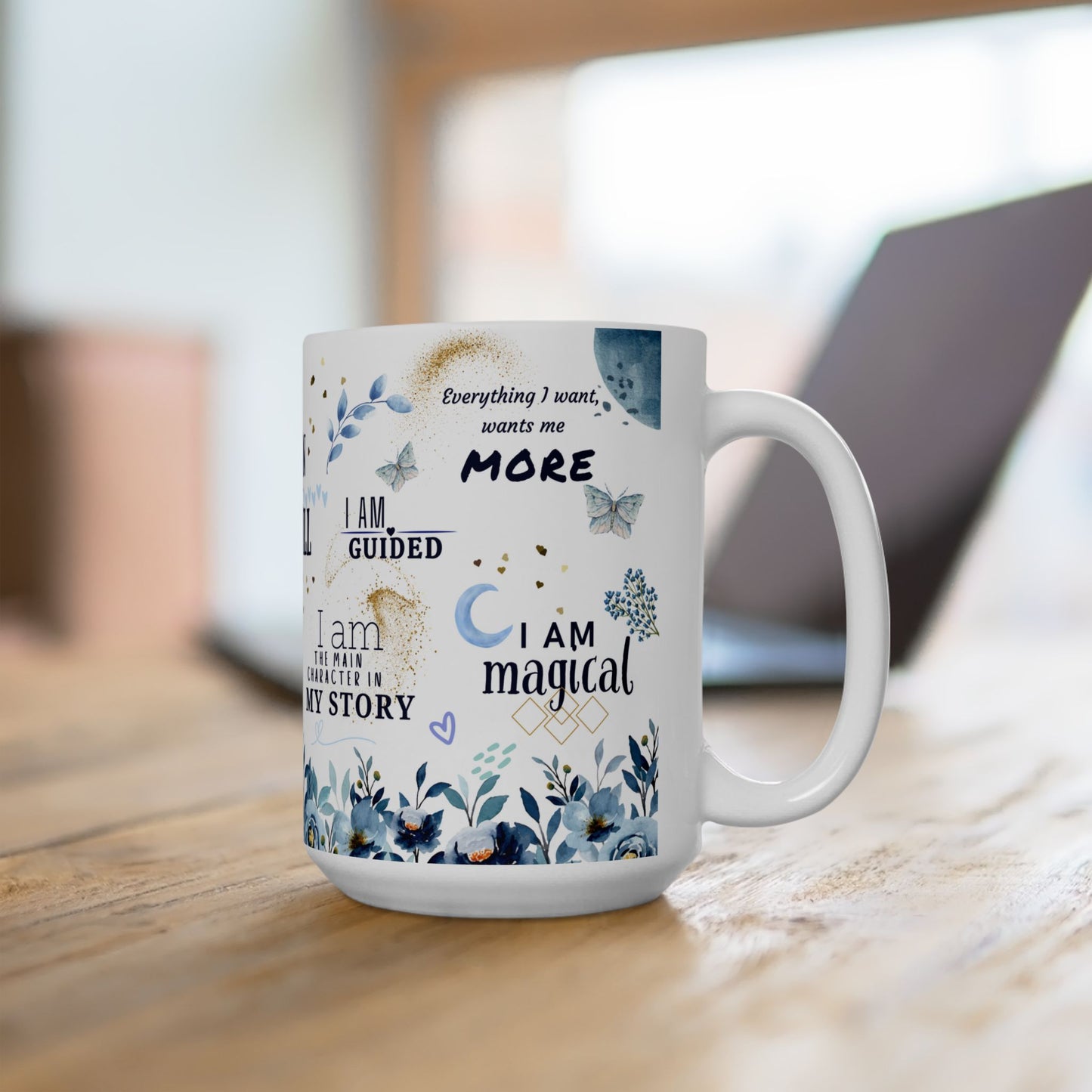 Affirmation I am Mug Self-love white Ceramic Mug watercolor blue 15oz