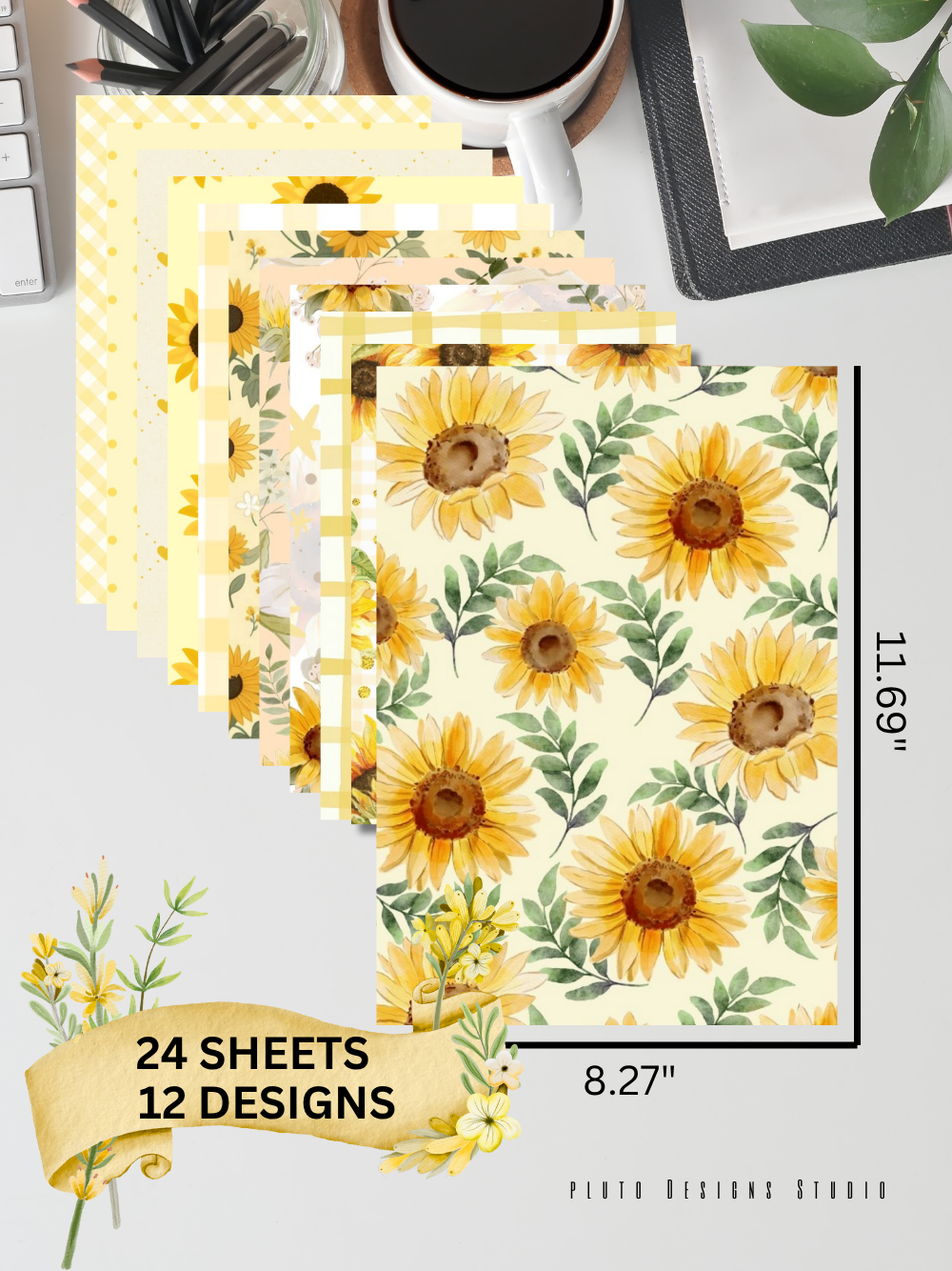 Designer Paper Pad – Sunflower Sunshine Yellow Theme Scrapbook Paper Set