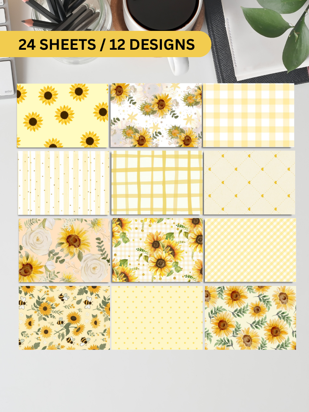 Designer Paper Pad – Sunflower Sunshine Yellow Theme Scrapbook Paper Set