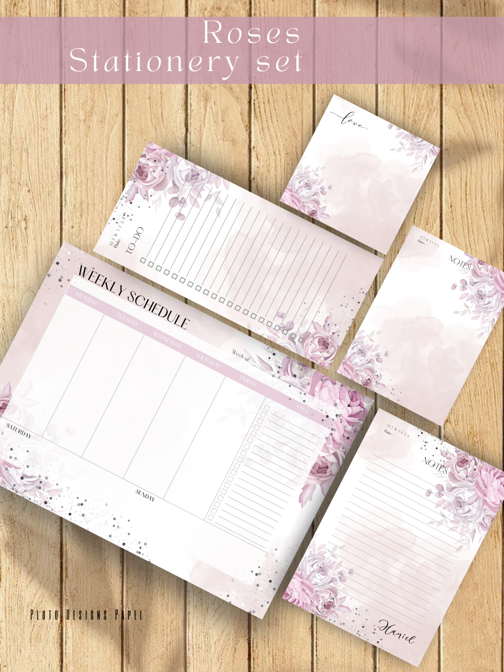 Personalized Weekly Planner & Notepad Sets in Roses and Green Garden