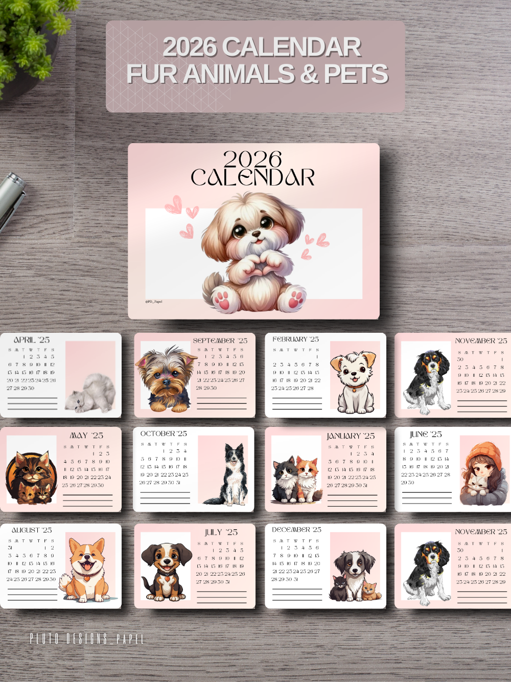 2026 Mini Calendar – Desktop Calendar with Wood Stand Holder