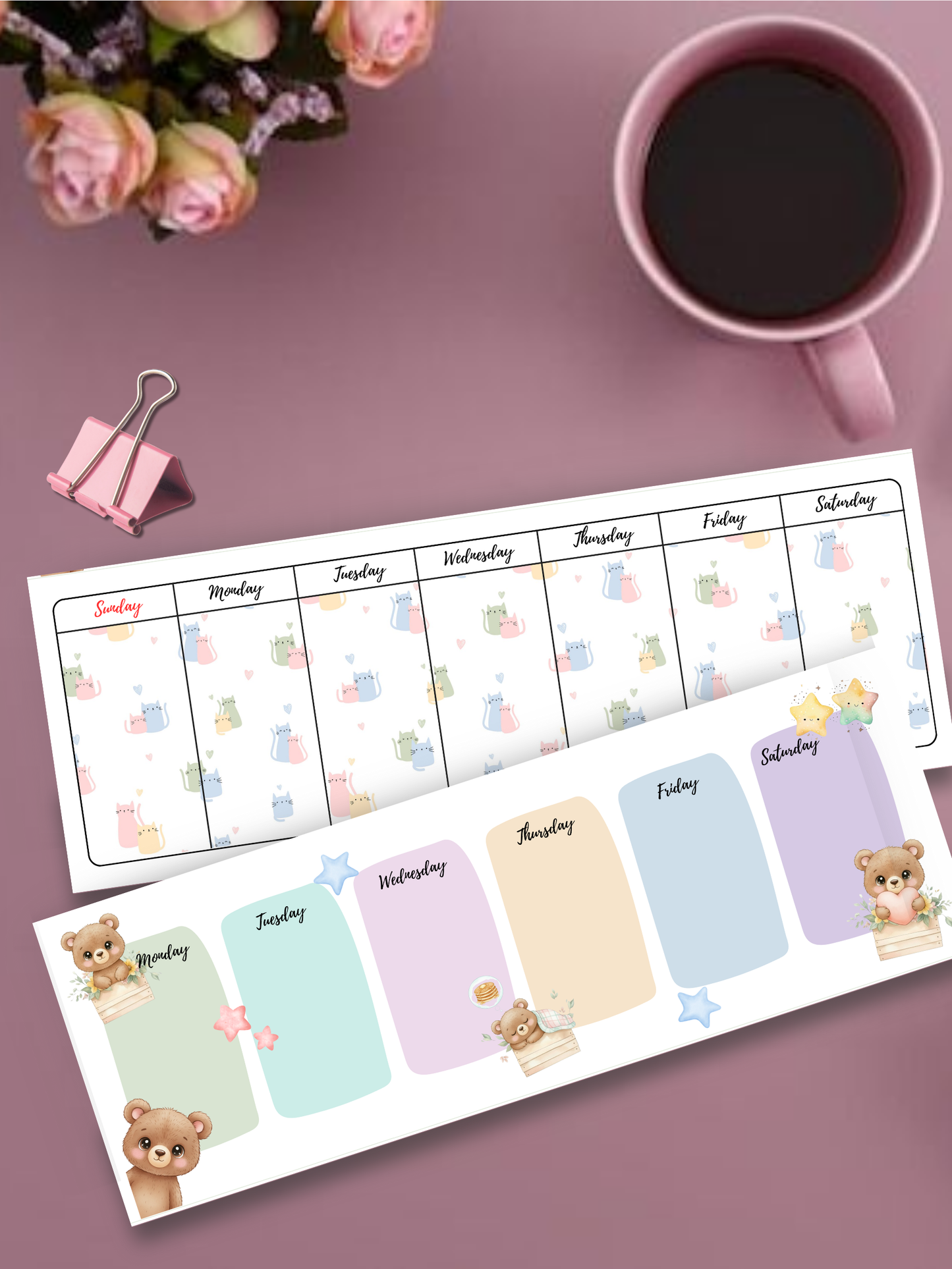 Cute Weekly Undated Planner with Cats and Bear Illustration