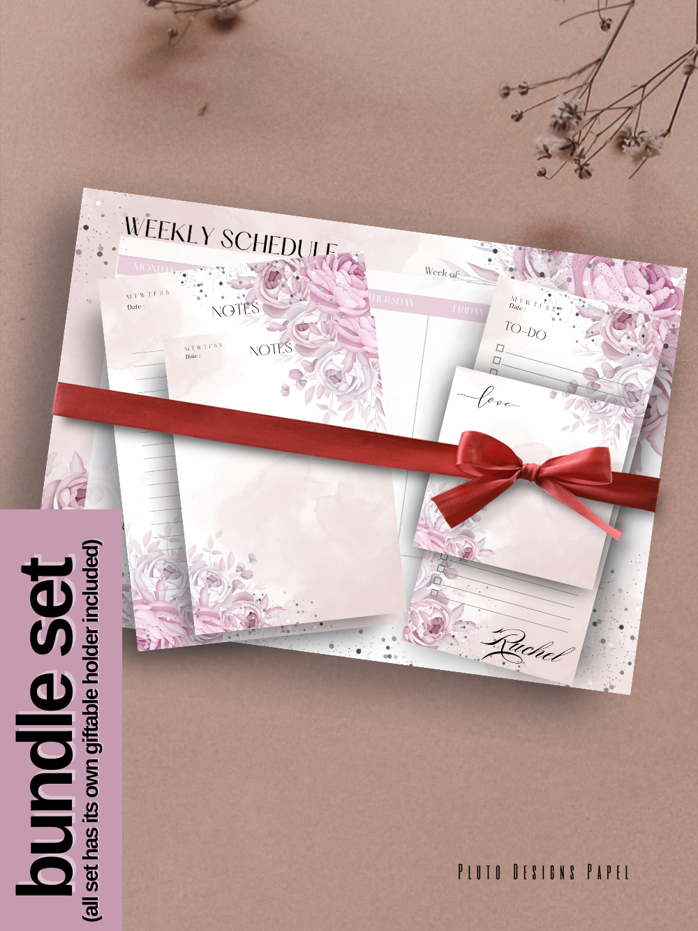 Personalized Weekly Planner & Notepad Sets in Roses and Green Garden