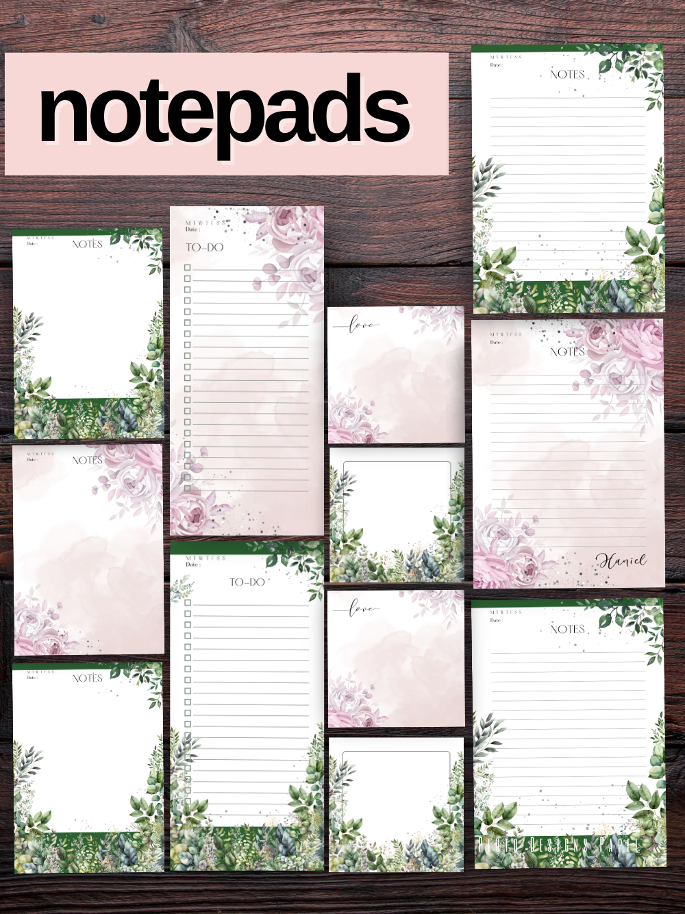 Personalized Weekly Planner & Notepad Sets in Roses and Green Garden