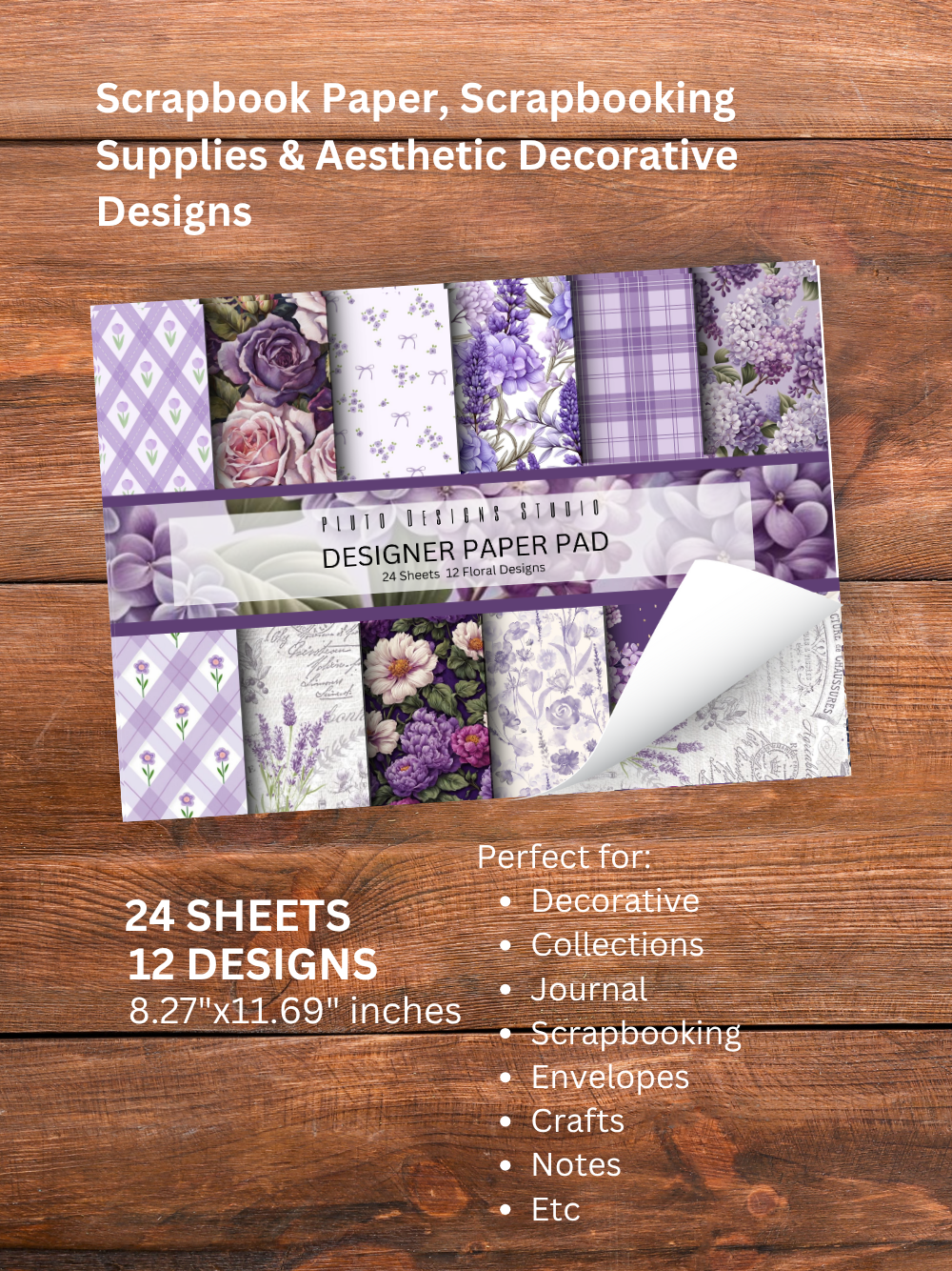 Designer Paper Pad – Elegant Lavender Purple Theme Floral Vintage Scrapbook Paper Set