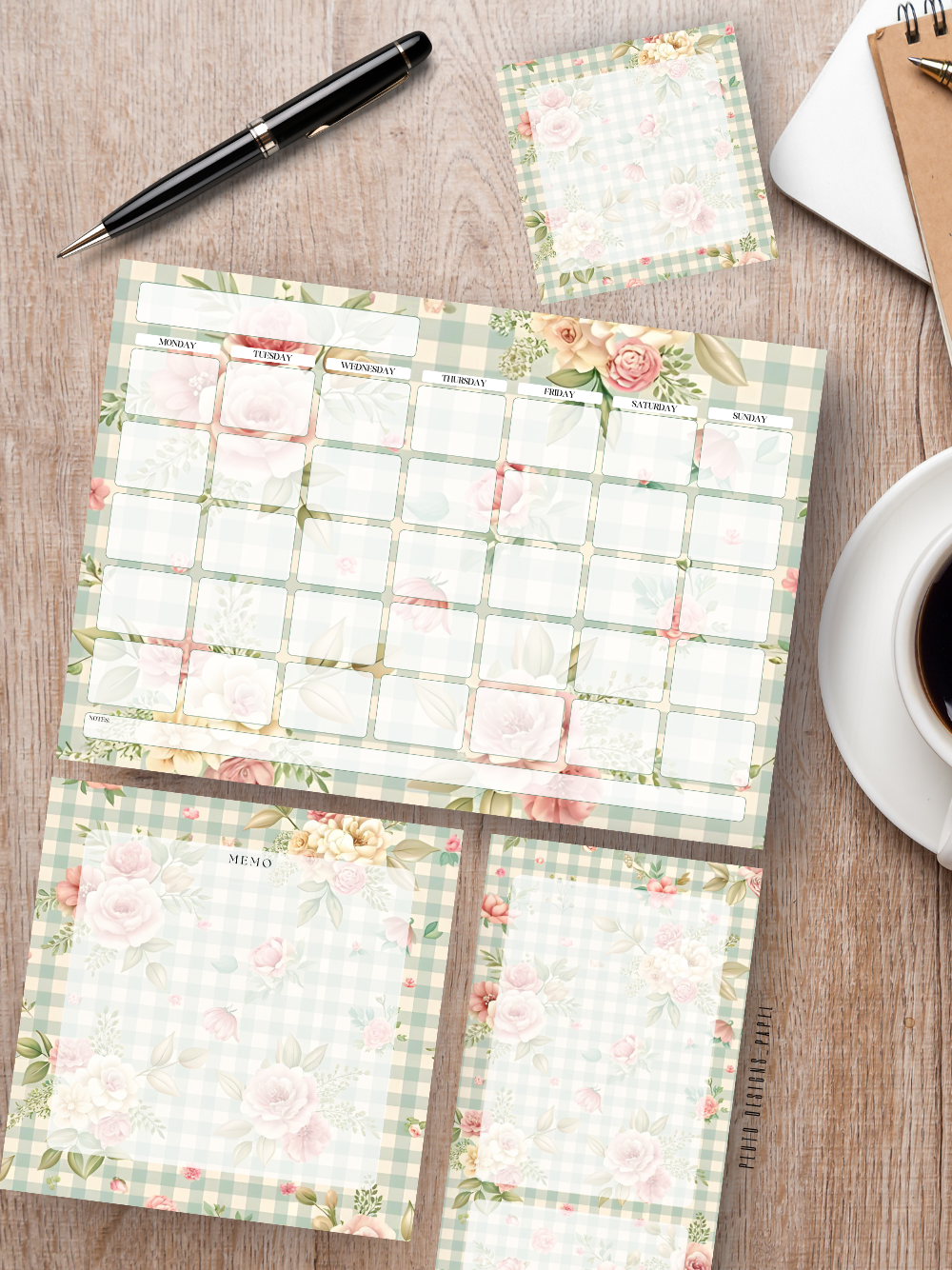 Shabby Chic Stationery Set – Undated Calendar Planner + Memo Pads | Romantic Floral Desk Set
