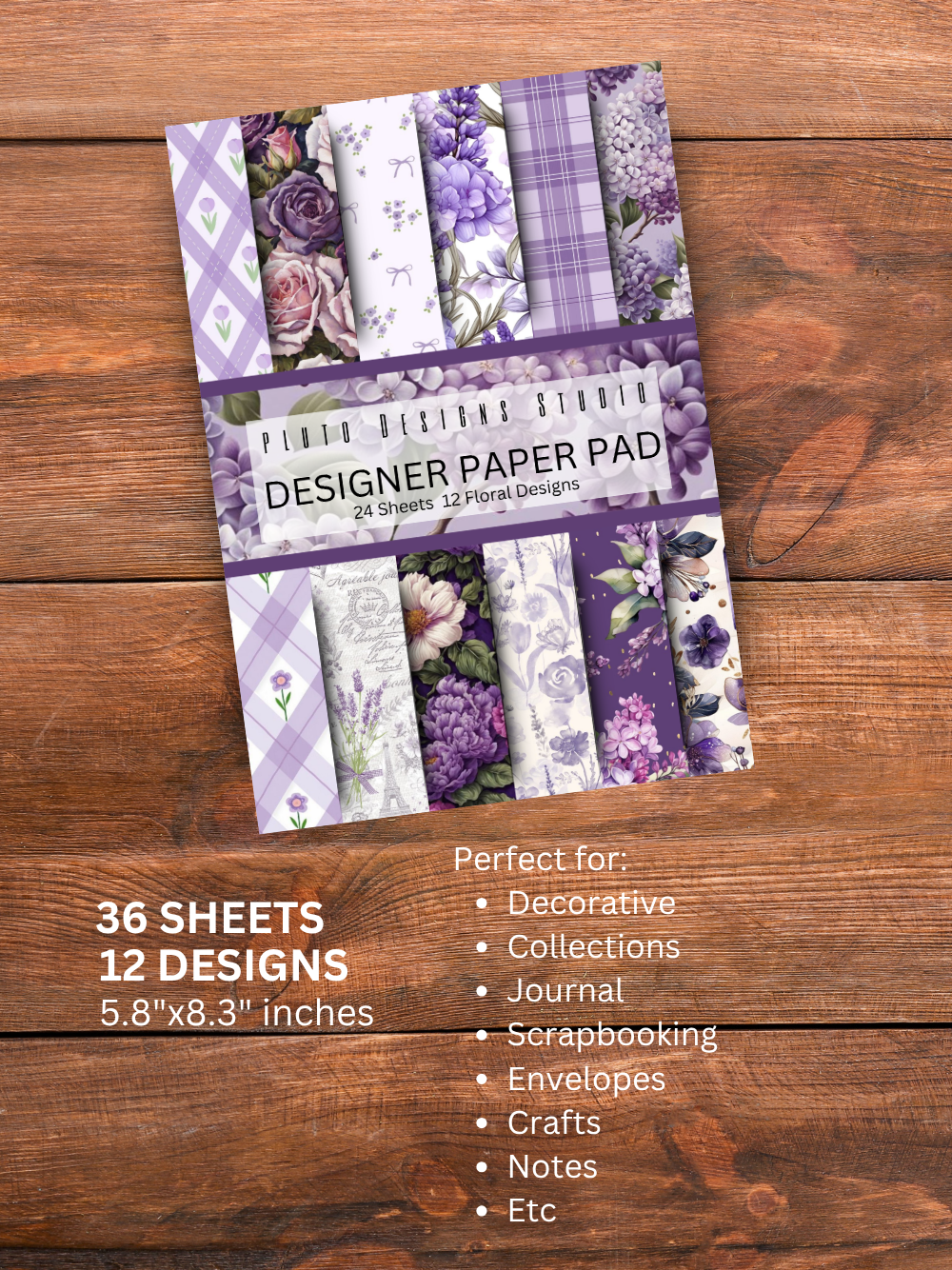 Designer Paper Pad – Elegant Lavender Purple Theme Floral Vintage Scrapbook Paper Set