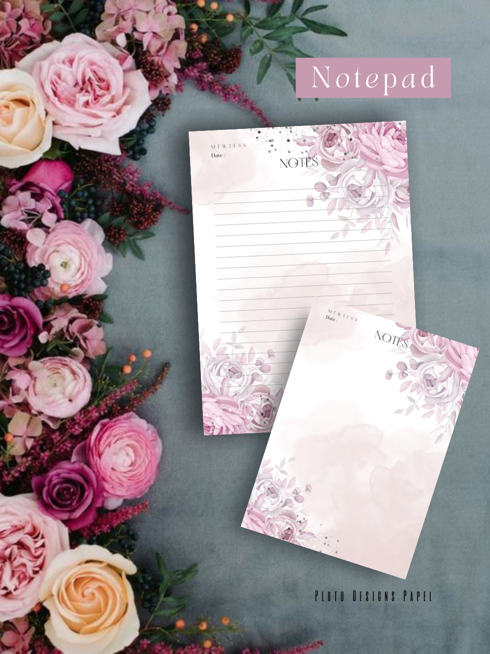 Personalized Weekly Planner & Notepad Sets in Roses and Green Garden