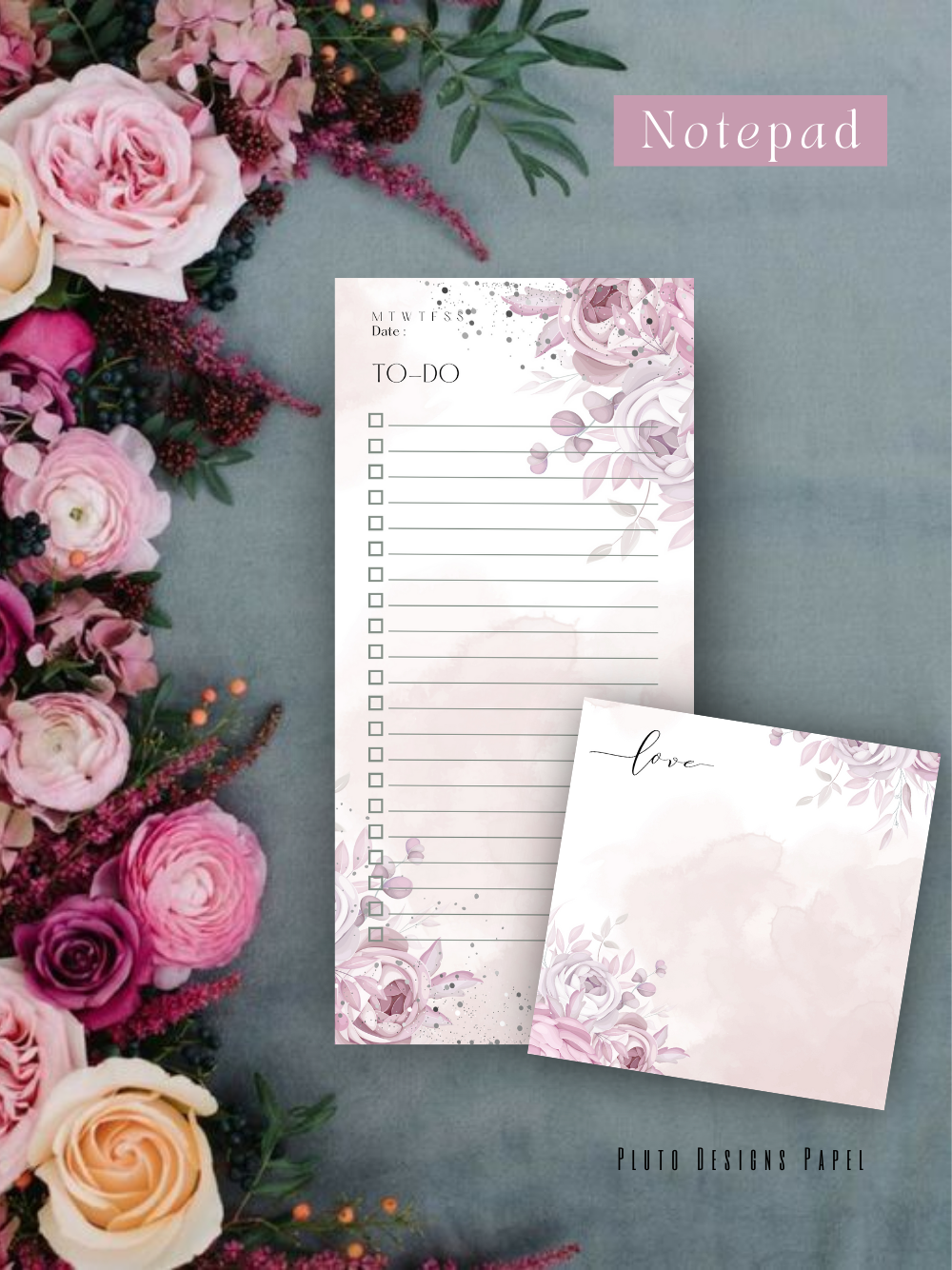 Personalized Weekly Planner & Notepad Sets in Roses and Green Garden