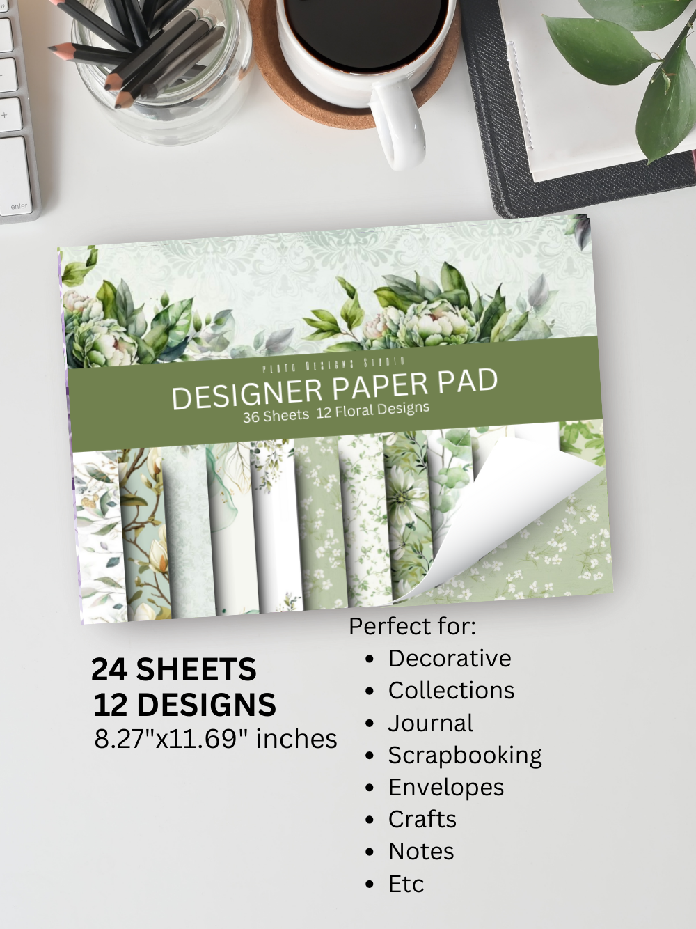 Designer Paper Pad – Green Garden Leaves Theme Scrapbook Paper Set