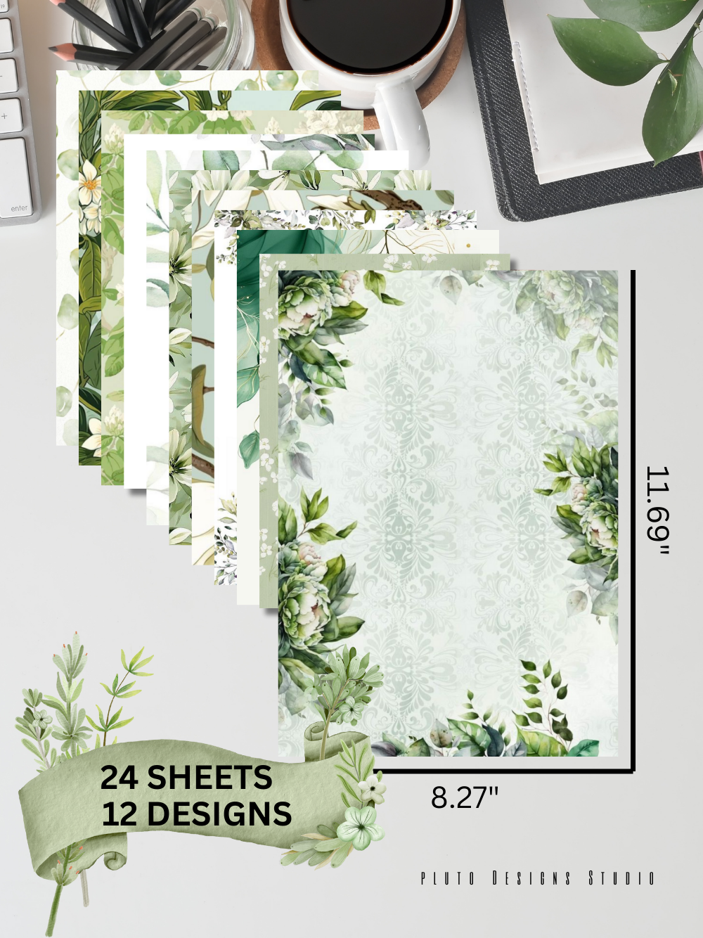 Designer Paper Pad – Green Garden Leaves Theme Scrapbook Paper Set