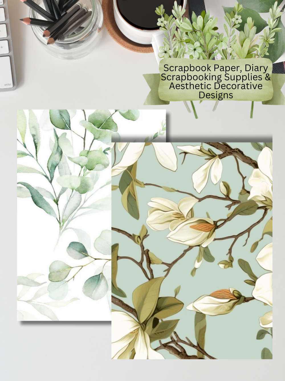 Designer Paper Pad – Green Garden Leaves Theme Scrapbook Paper Set