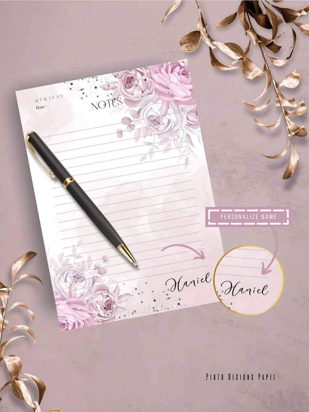 Personalized Weekly Planner & Notepad Sets in Roses and Green Garden