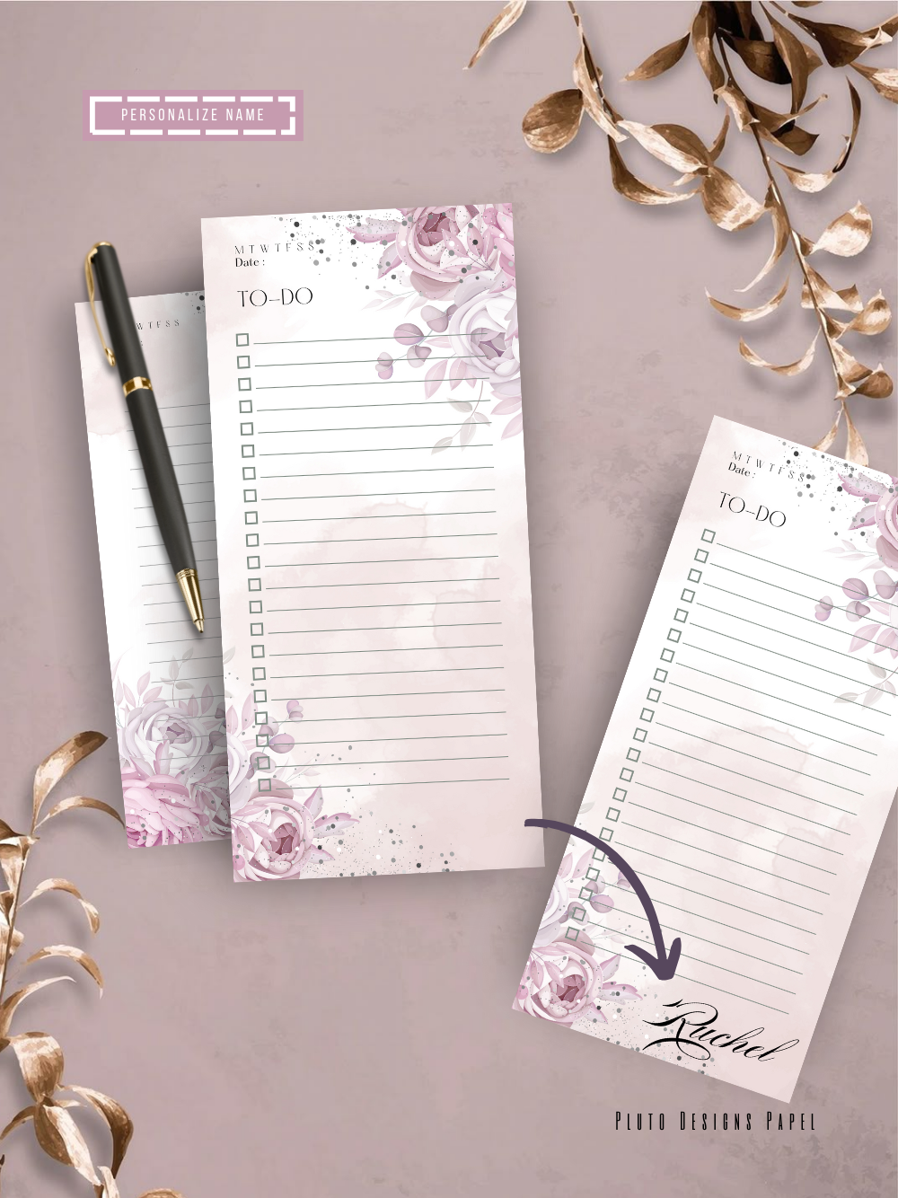 Personalized Weekly Planner & Notepad Sets in Roses and Green Garden