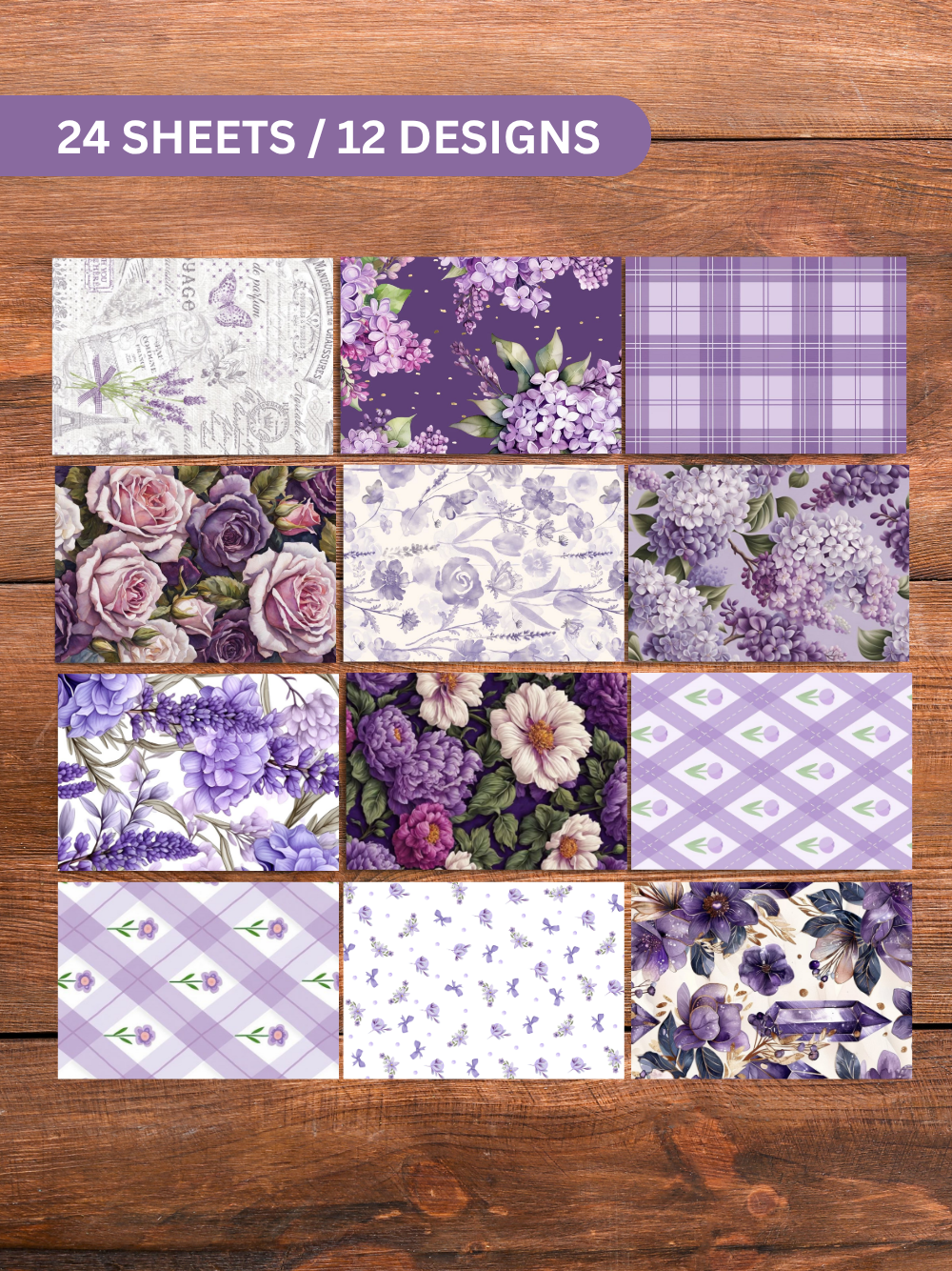 Designer Paper Pad – Elegant Lavender Purple Theme Floral Vintage Scrapbook Paper Set