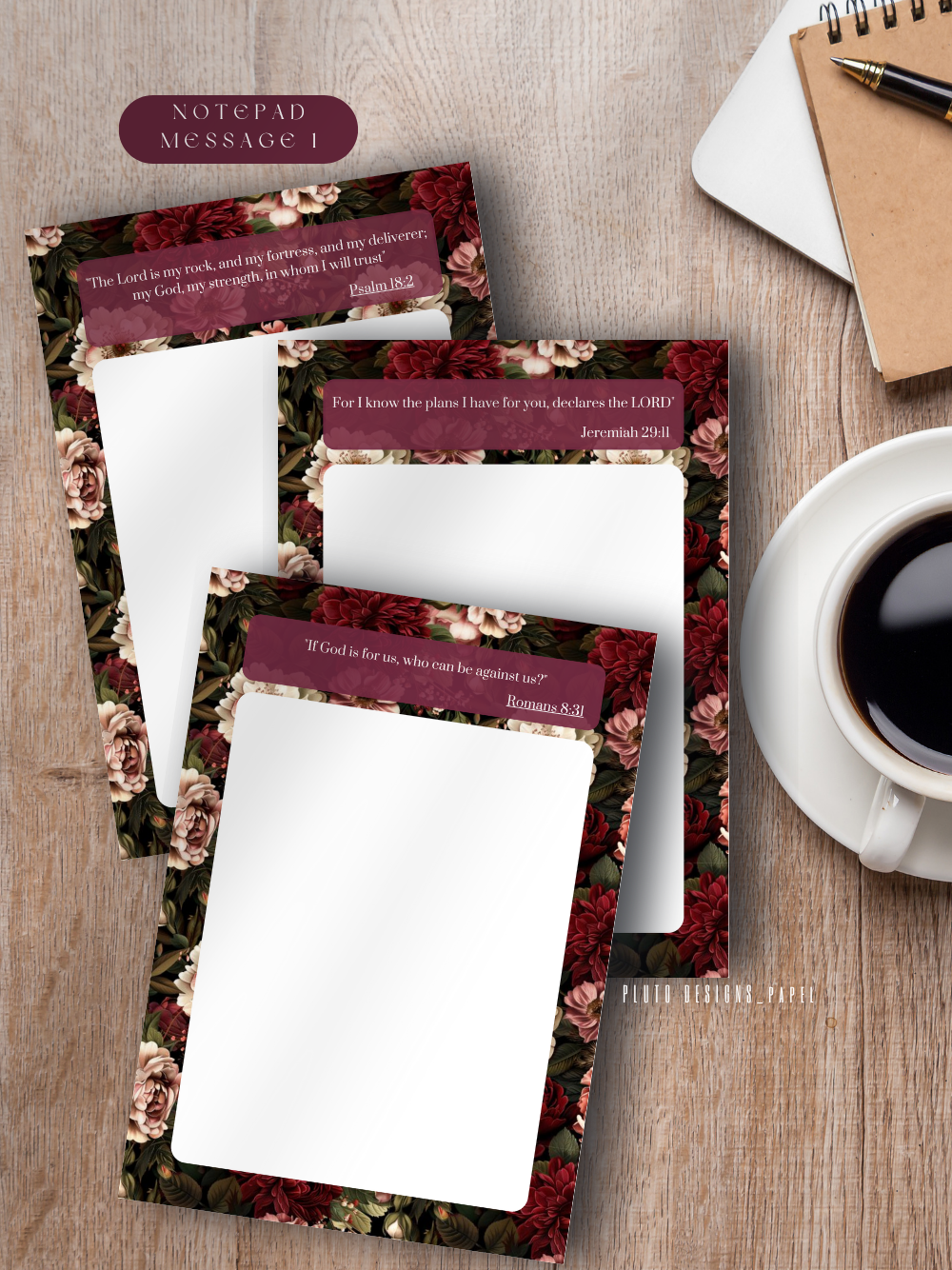 Faith In Bible Messages Christian Praise in Burgundy Florals Notepad A5