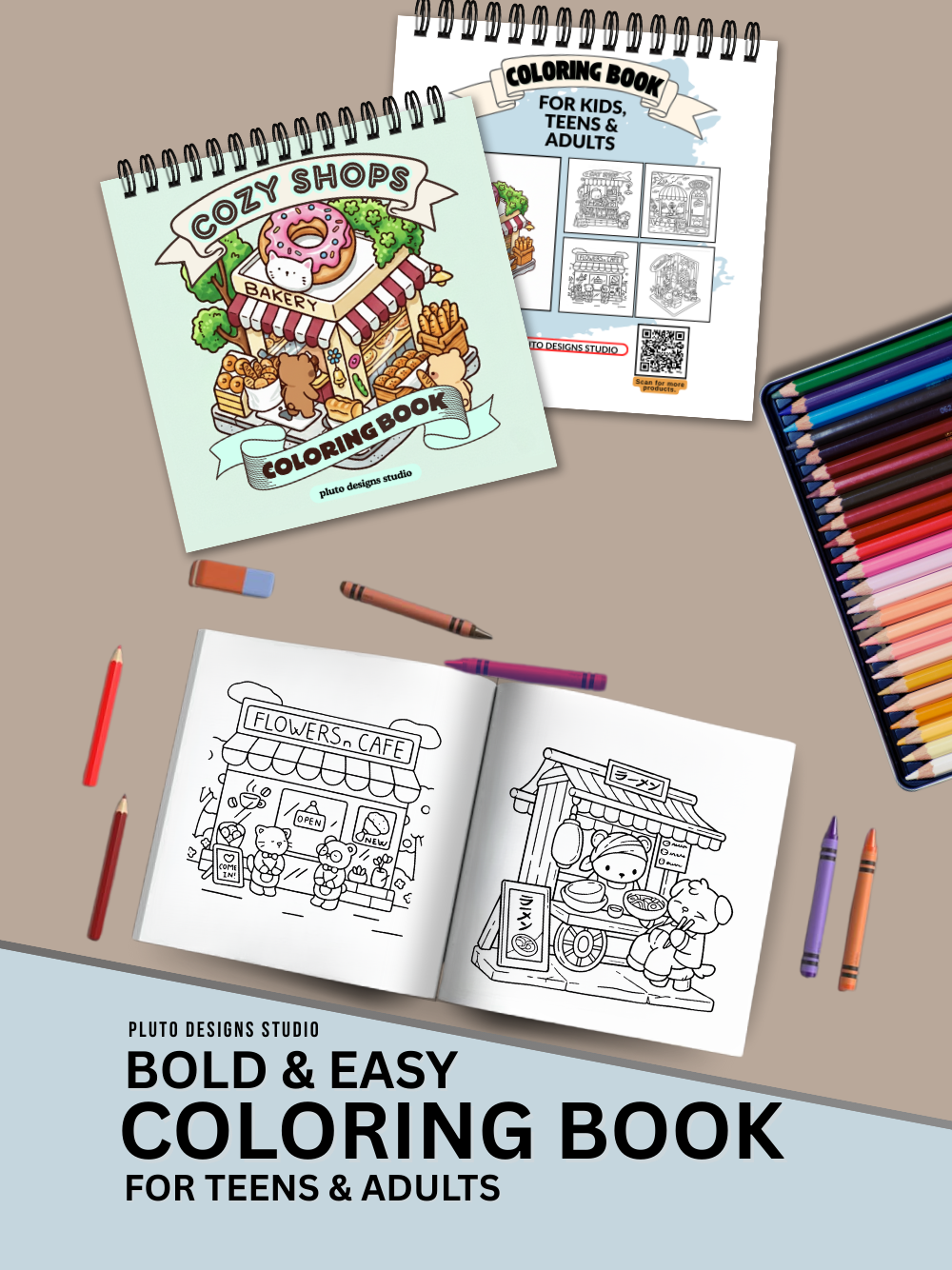 Cozy Spaces and Shops Coloring Book for Kids Teens & Adults