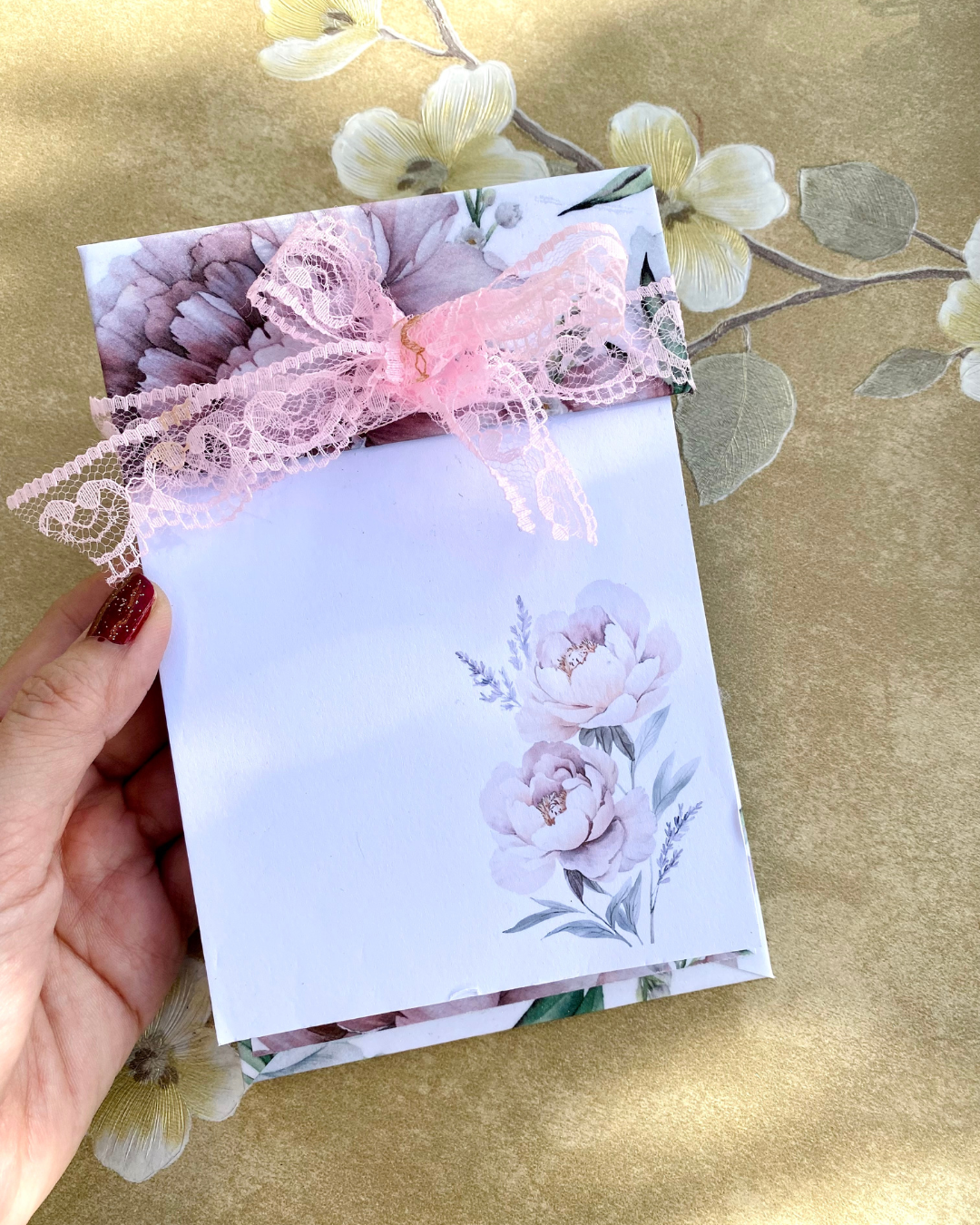 Floral Notepad with Lace | Delicate Floral Peonies with Backing