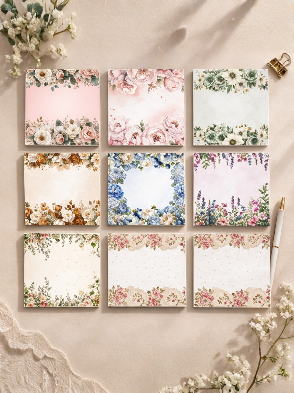 Vintage Floral Notepad 6x6 – Elegant Botanical Stationery Pad | Cute Desk Notepad with Cover