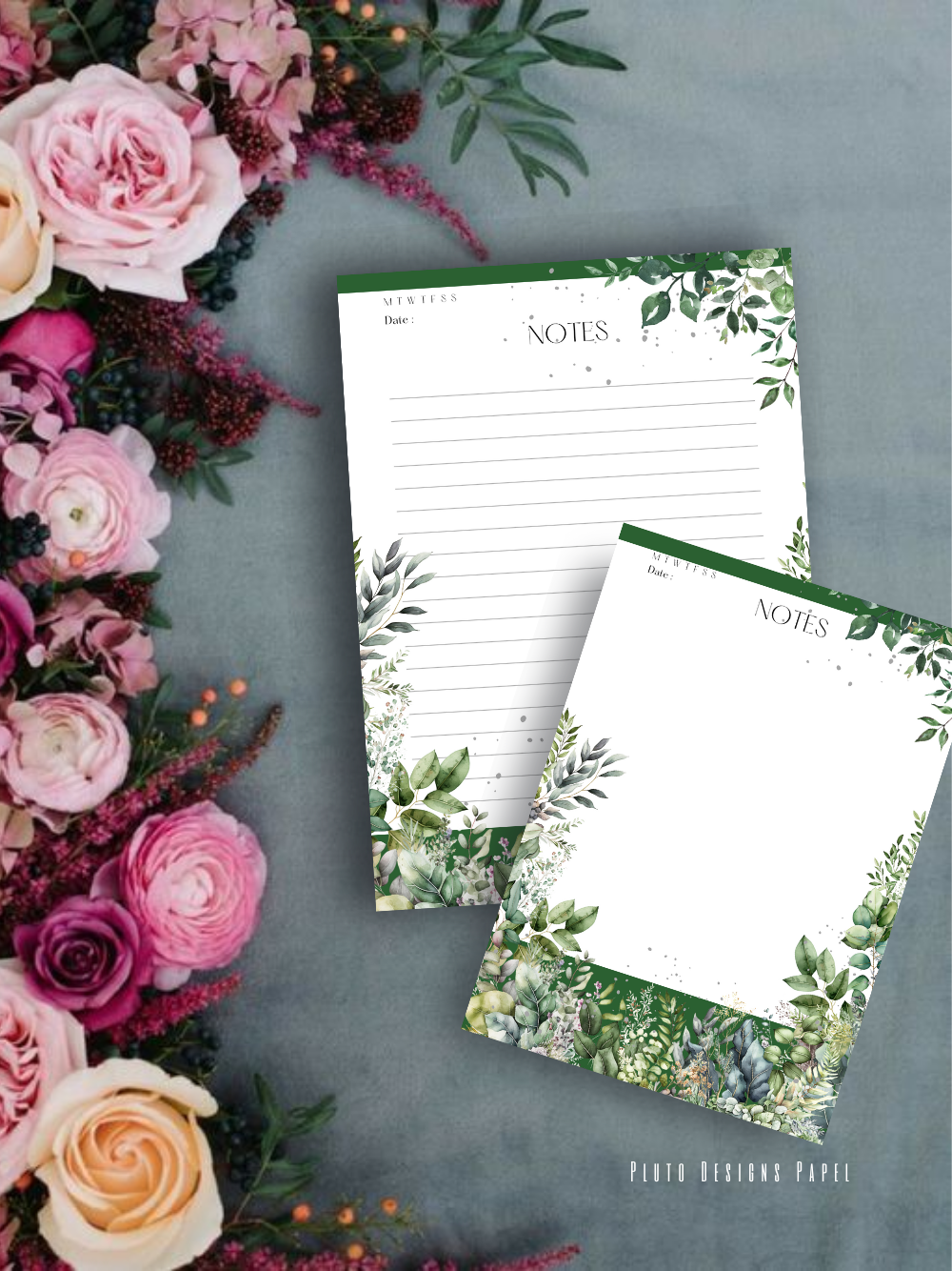 Personalized Weekly Planner & Notepad Sets in Roses and Green Garden