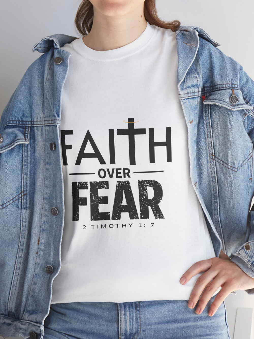 Faith Over Fear T-Shirt — Inspirational Christian Tee (1 Timothy 1:7) Unisex  Cotton Shirt