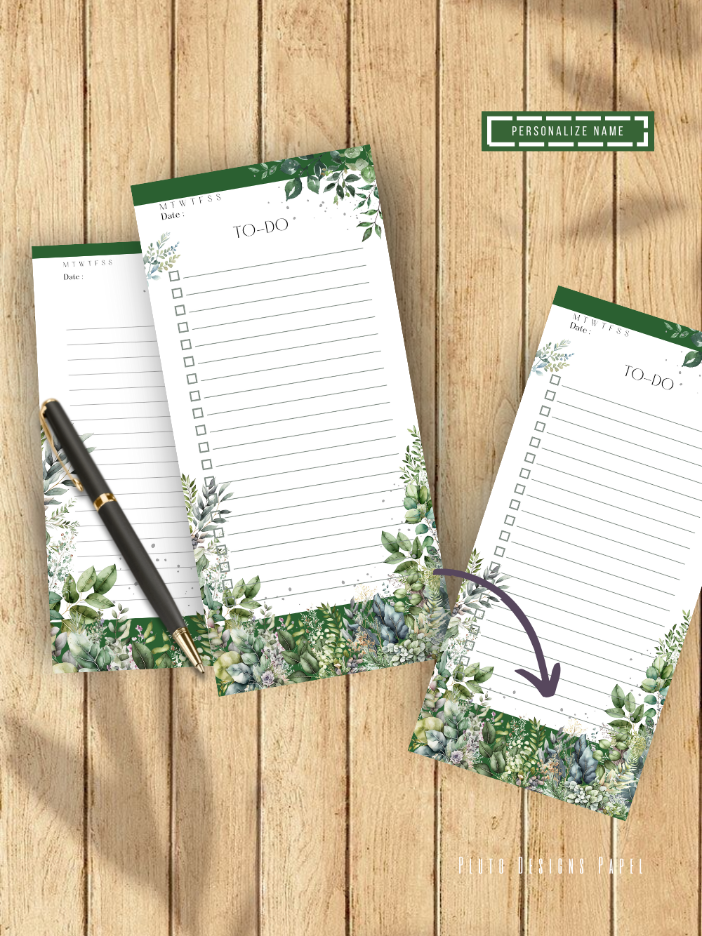 Personalized Weekly Planner & Notepad Sets in Roses and Green Garden