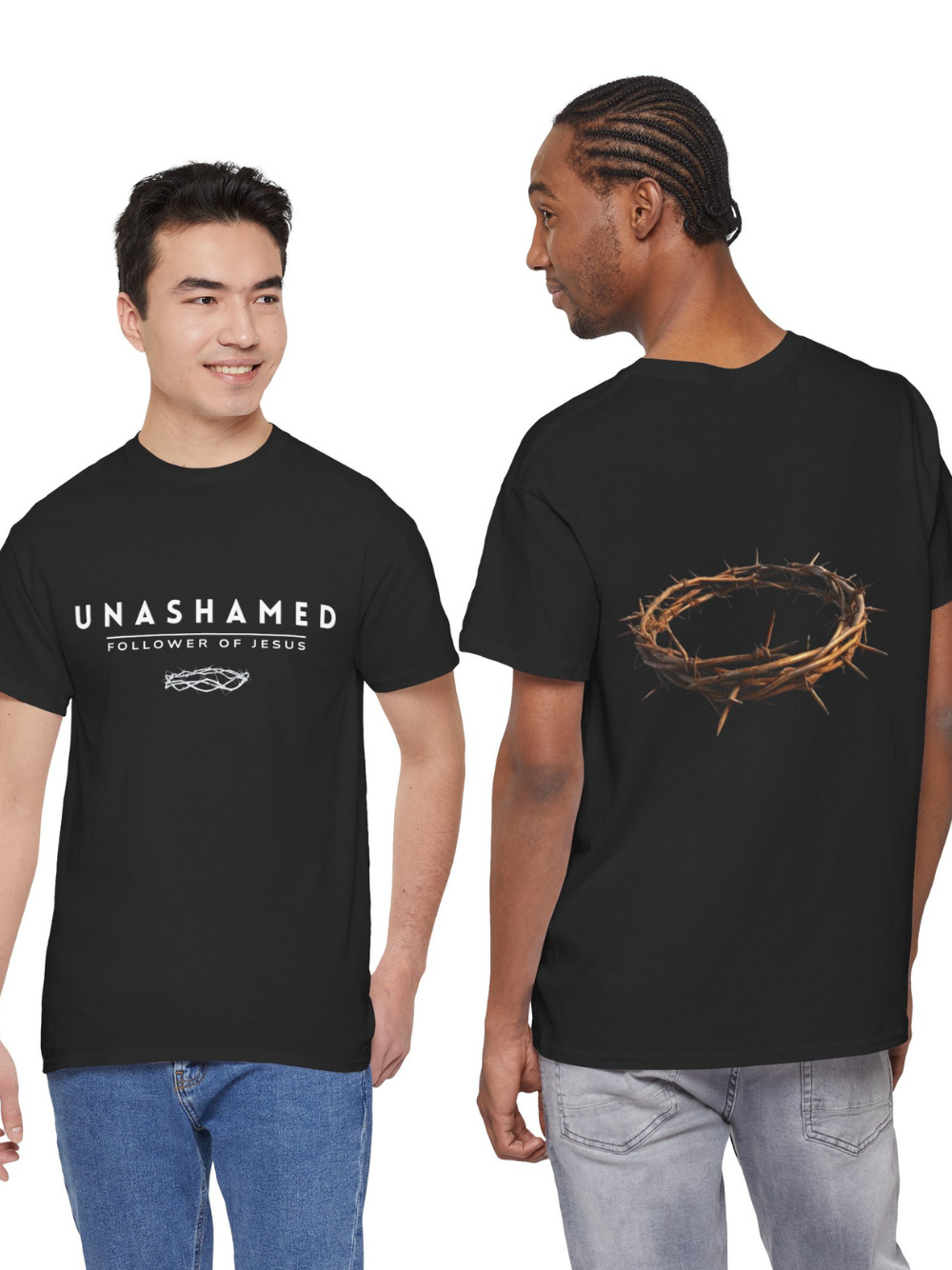 T-Shirt — "Unashamed: Followers of Jesus" Christian Tee (Crown of Thorns Back Print) Unisex Faith Shirt