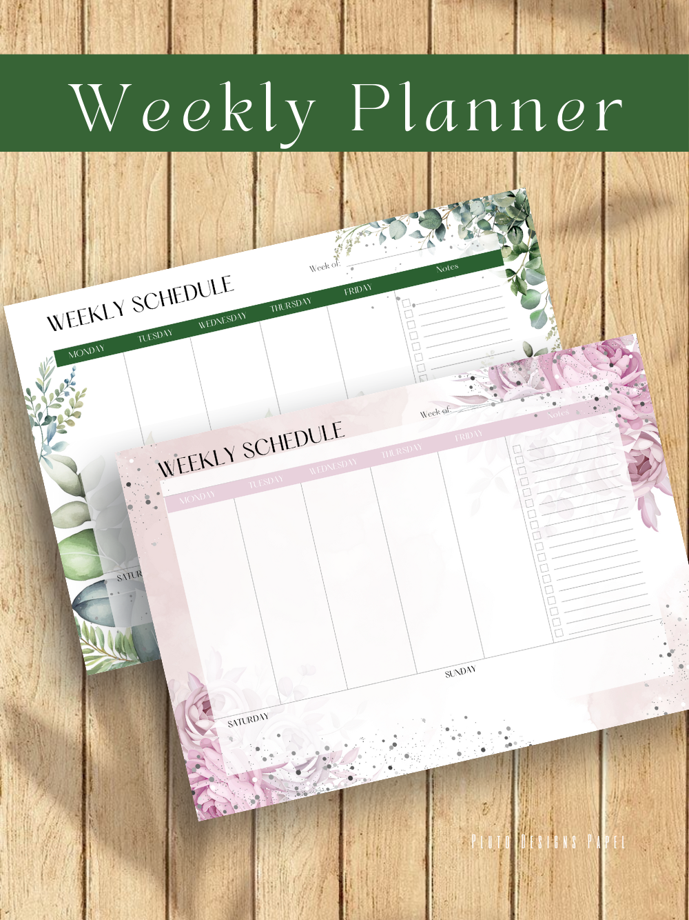 Personalized Weekly Planner & Notepad Sets in Roses and Green Garden