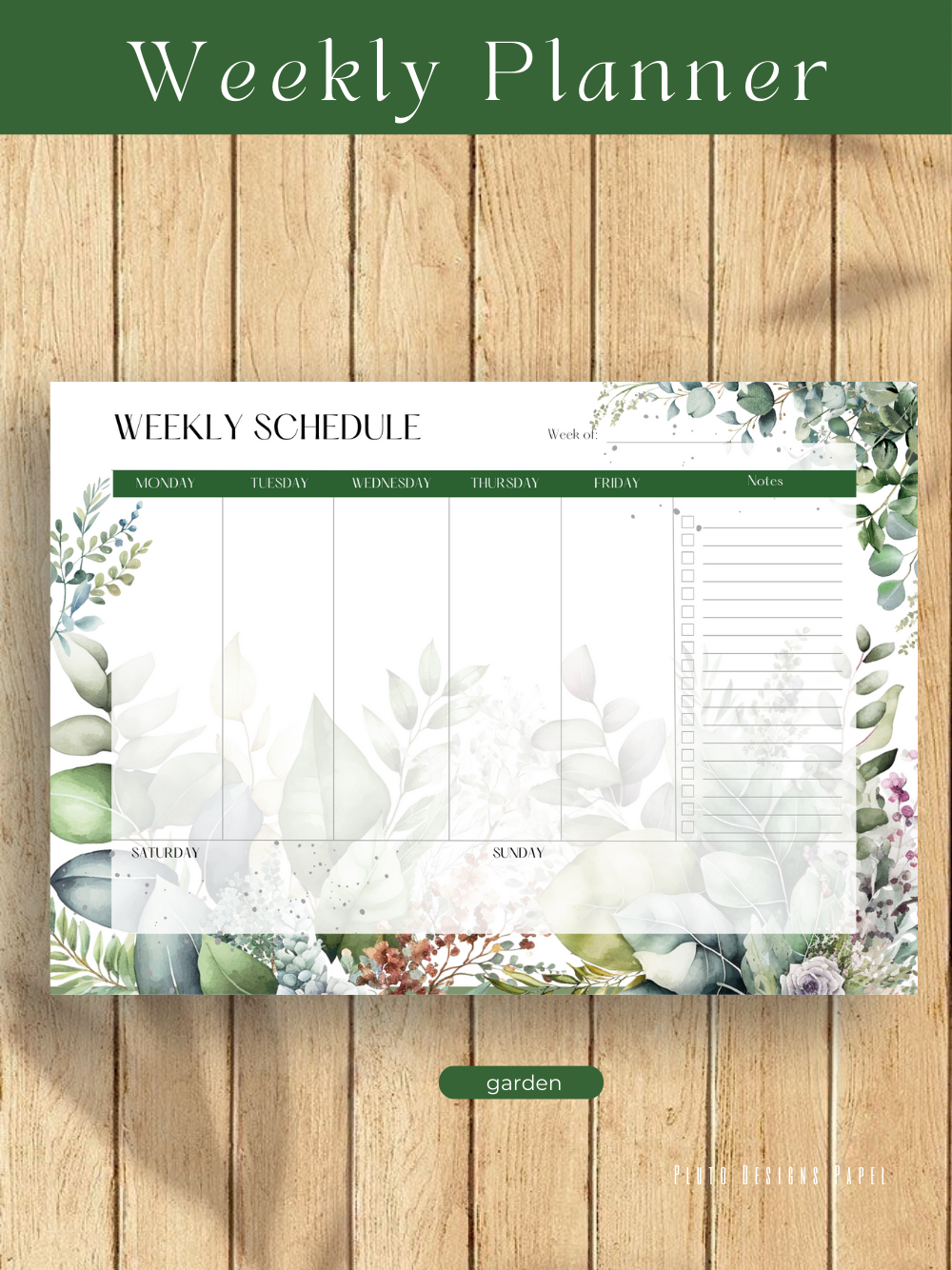 Personalized Weekly Planner & Notepad Sets in Roses and Green Garden