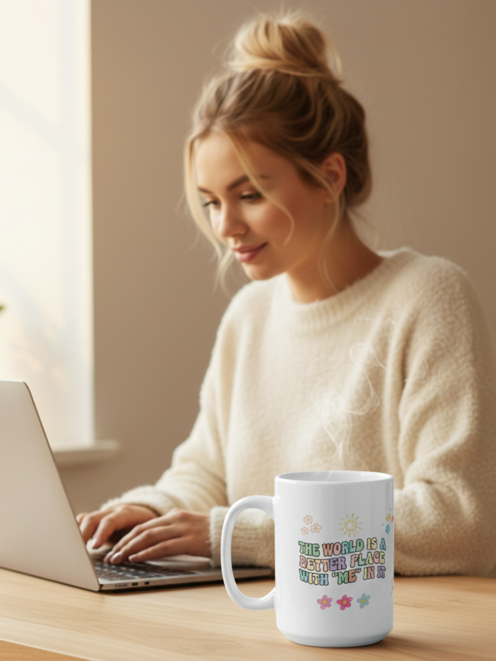 Positive Vibes Ceramic Mug — "The World Is A Better Place With Me" Message Coffee Cup (11oz, 15oz)