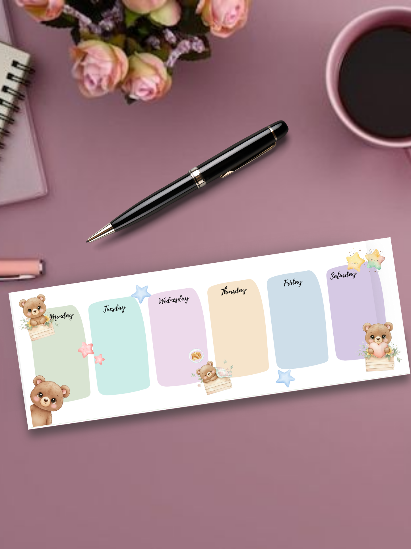 Cute Weekly Undated Planner with Cats and Bear Illustration