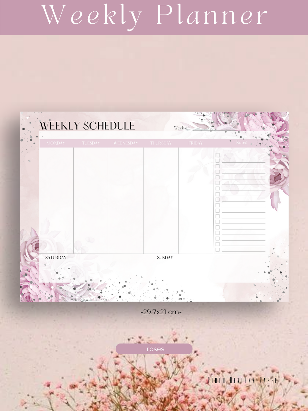 Personalized Weekly Planner & Notepad Sets in Roses and Green Garden
