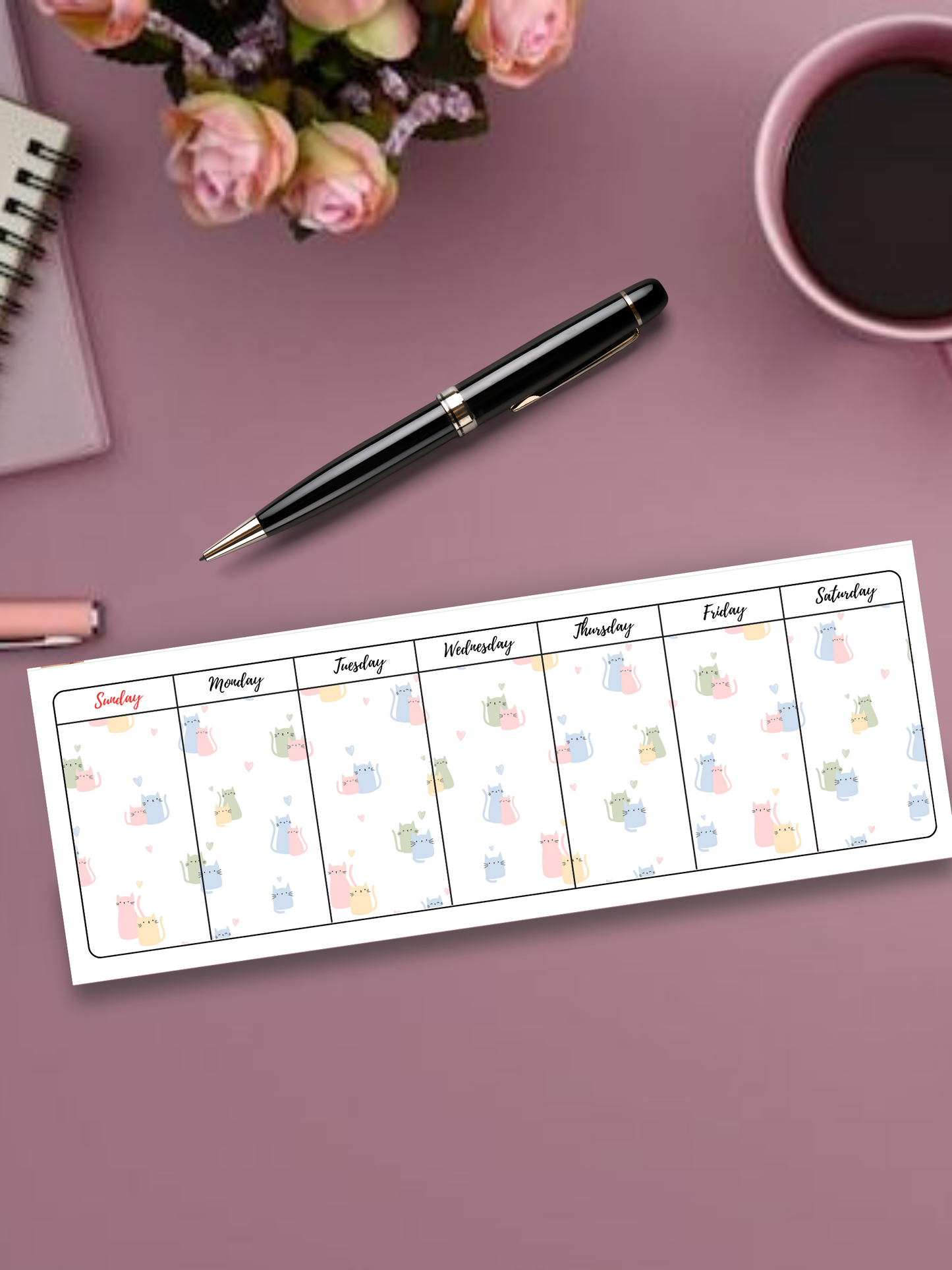 Cute Weekly Undated Planner with Cats and Bear Illustration