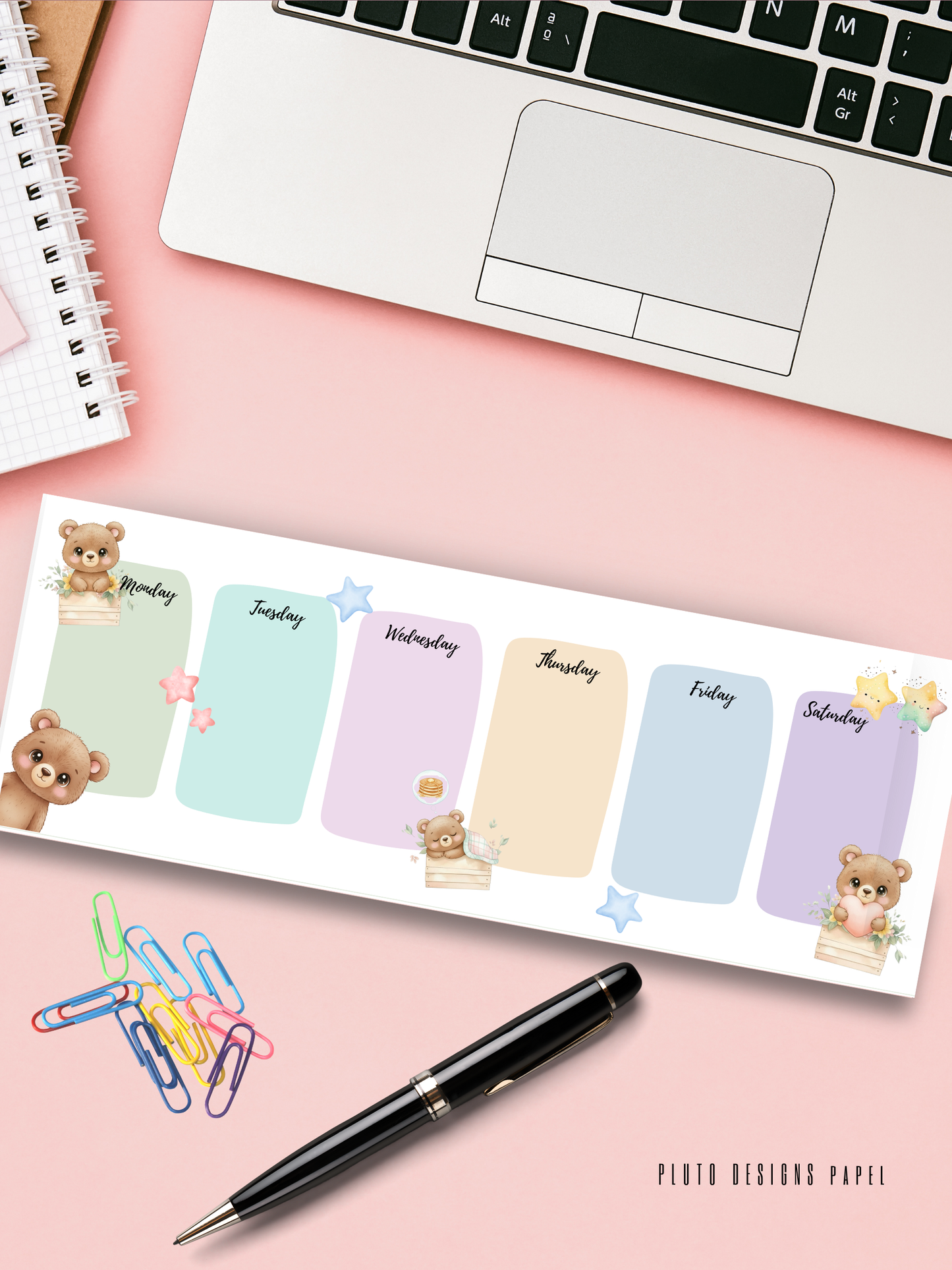 Cute Weekly Undated Planner with Cats and Bear Illustration