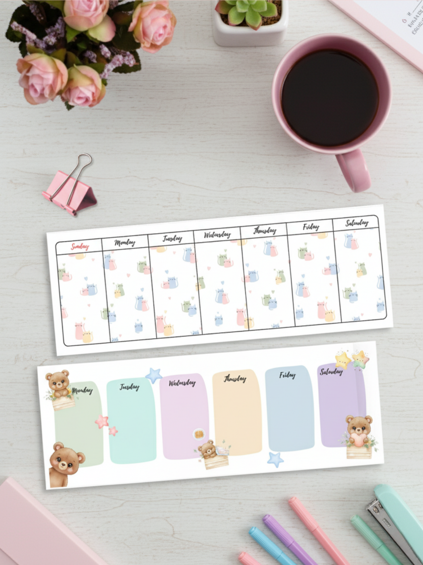 Cute Weekly Undated Planner with Cats and Bear Illustration