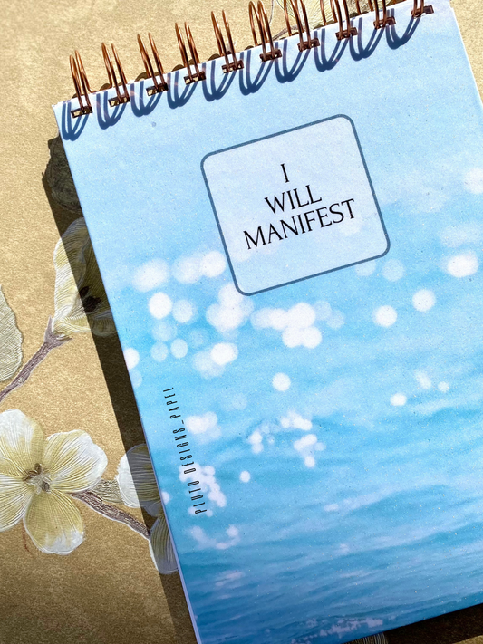“I Will Manifest” Hardbound Spiral Notebook – Minimalist Blue Design