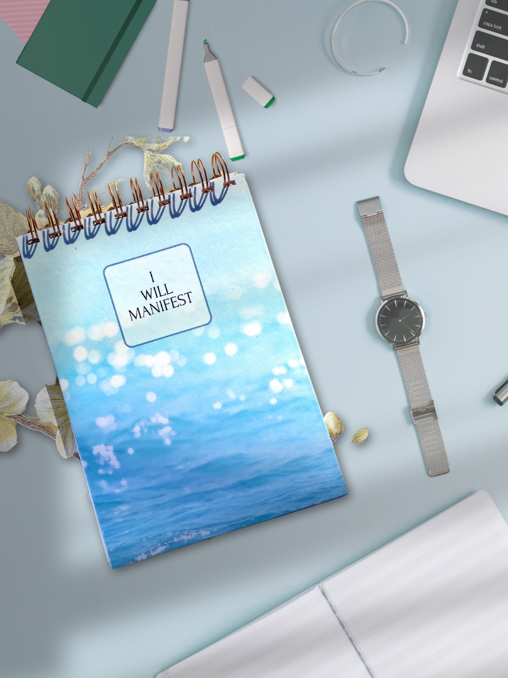 “I Will Manifest” Hardbound Spiral Notebook – Minimalist Blue Design
