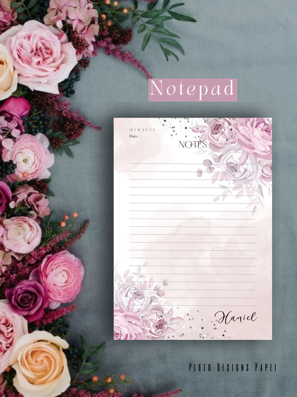 Personalized Weekly Planner & Notepad Sets in Roses and Green Garden