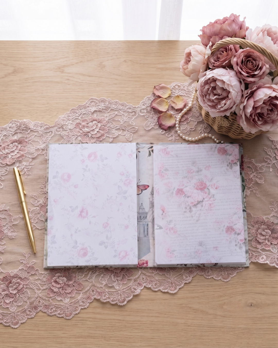Romantic Floral 2-in-1 Binder Notepad Set – Premium Hardcover Aesthetic Memo Pads | 4x6 Pretty Writing Pads with Glitter Finish