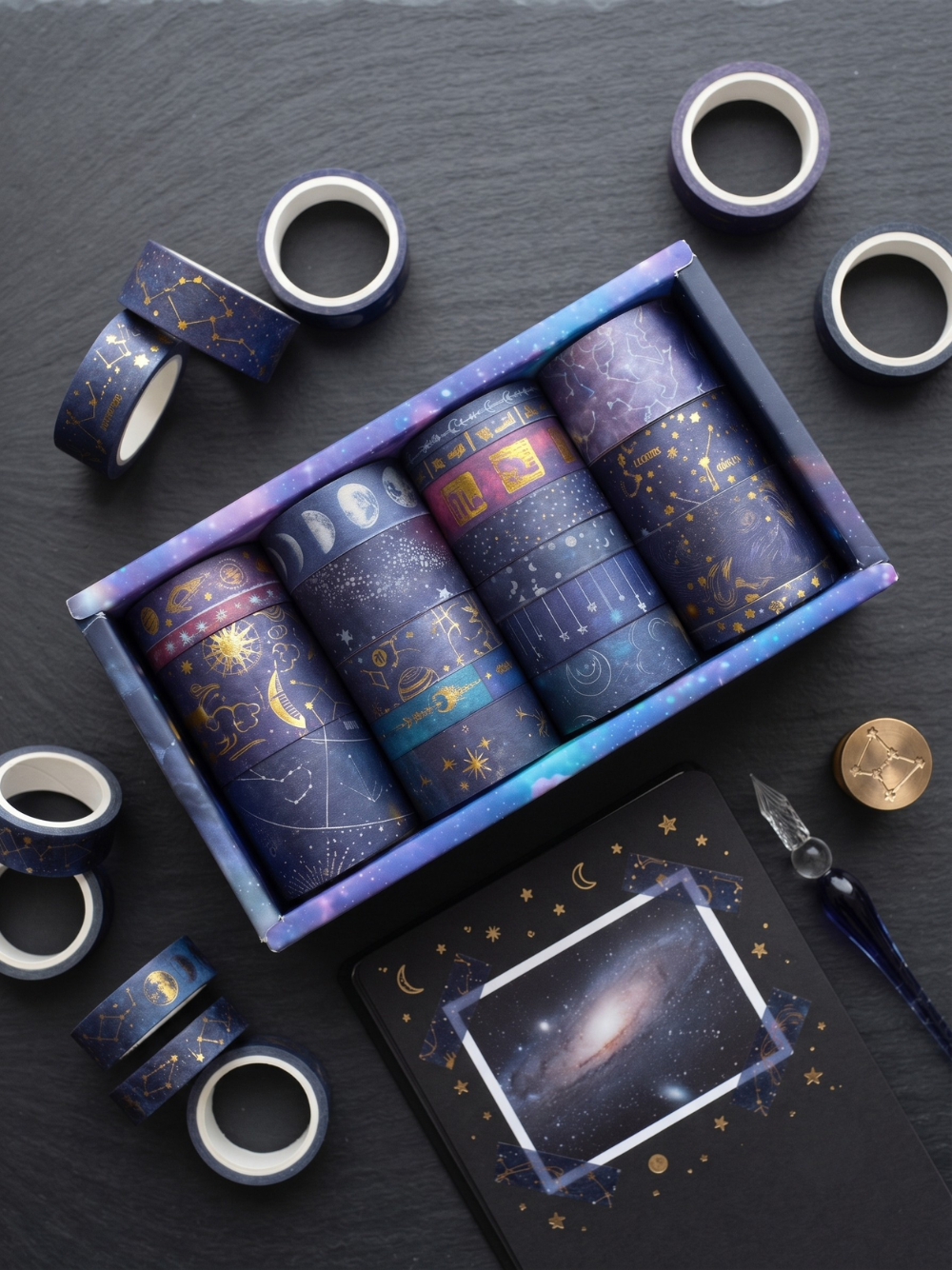 Starry Night Washi Tape Set – 20-Piece Galaxy Washi Tape Collection with Gold & Silver Foil | Decorative Washi Tape for Journaling, Scrapbooking & Crafts
