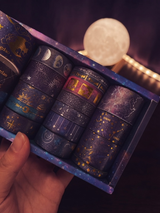 Starry Night Washi Tape Set – 20-Piece Galaxy Washi Tape Collection with Gold & Silver Foil | Decorative Washi Tape for Journaling, Scrapbooking & Crafts