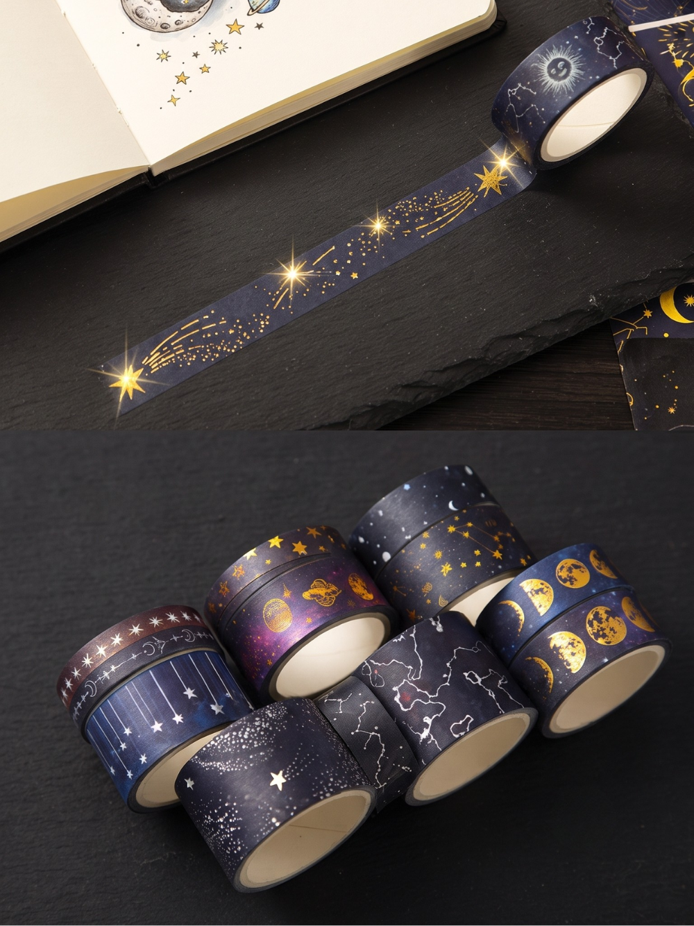 Starry Night Washi Tape Set – 20-Piece Galaxy Washi Tape Collection with Gold & Silver Foil | Decorative Washi Tape for Journaling, Scrapbooking & Crafts