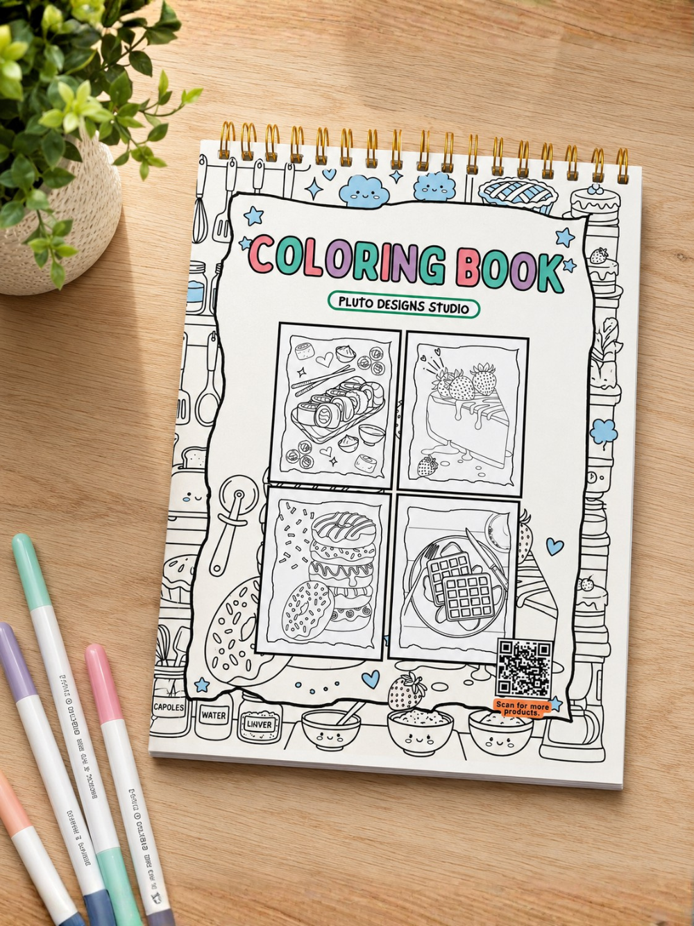 Yummy Food A4 Coloring Book | Bold & Clear Snack Coloring Pages for Kids, Teens, Adults & Seniors by Pluto Designs Studio Papel