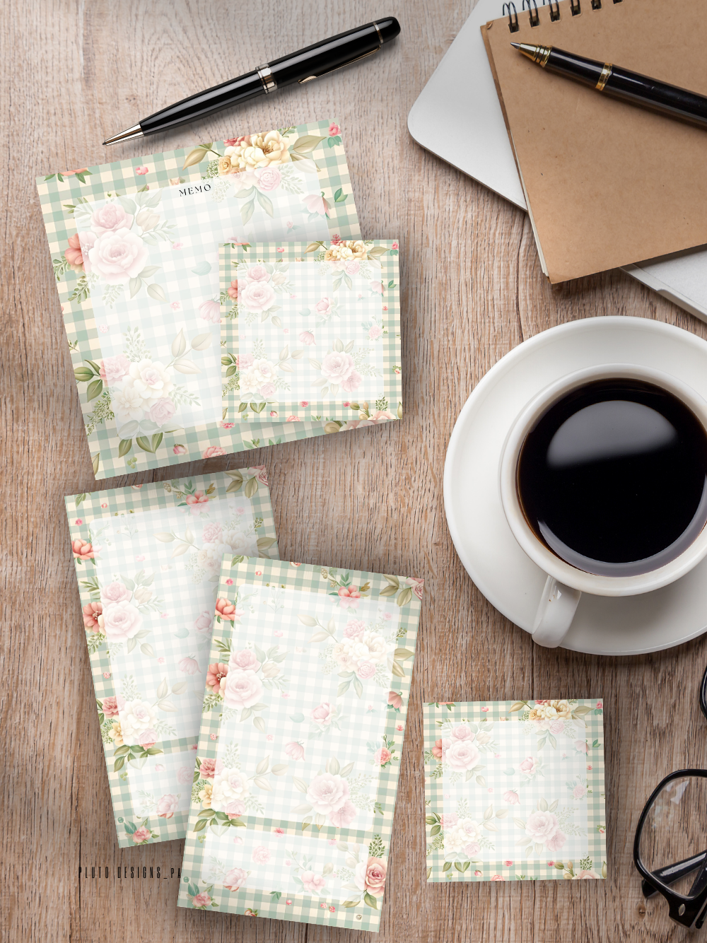 Shabby Chic Stationery Set – Undated Calendar Planner + Memo Pads | Romantic Floral Desk Set