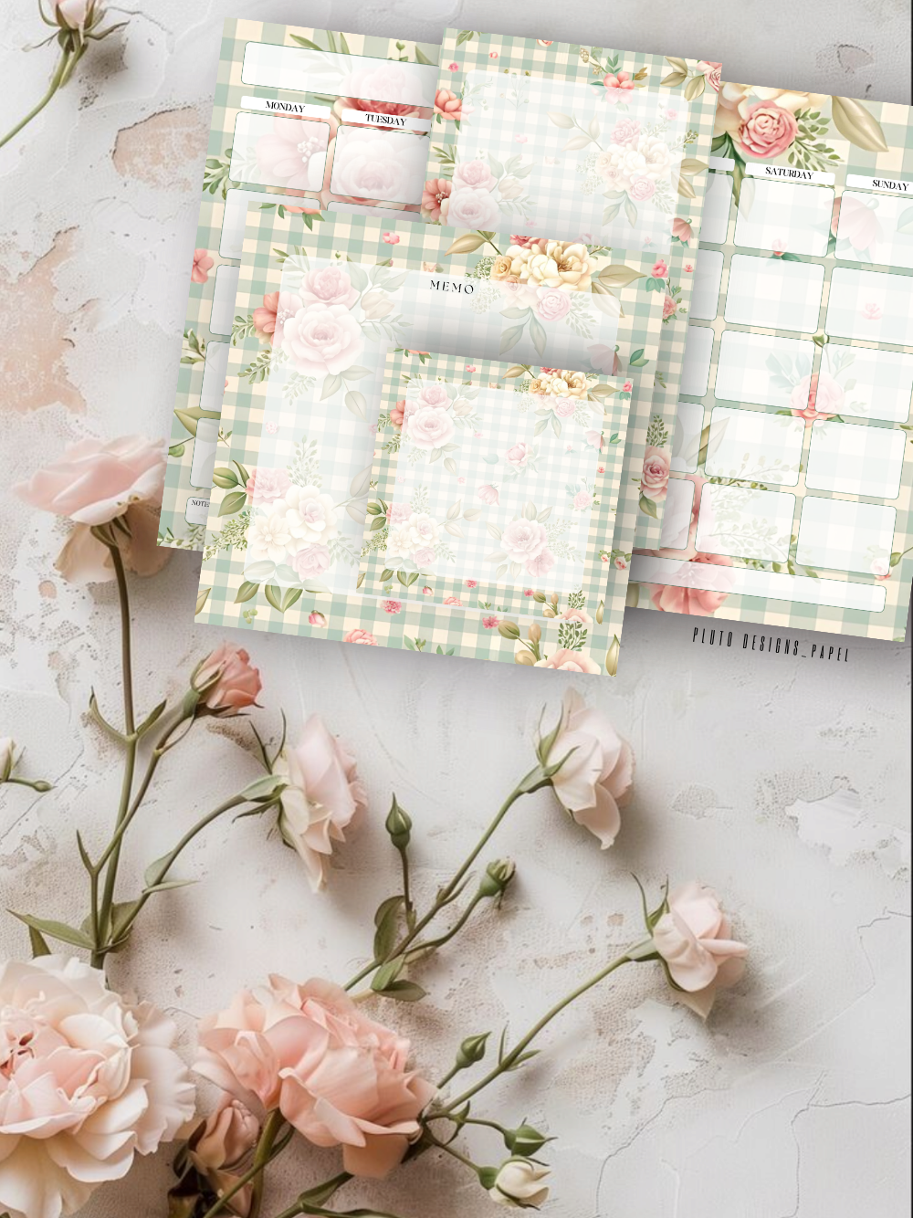 Shabby Chic Stationery Set – Undated Calendar Planner + Memo Pads | Romantic Floral Desk Set
