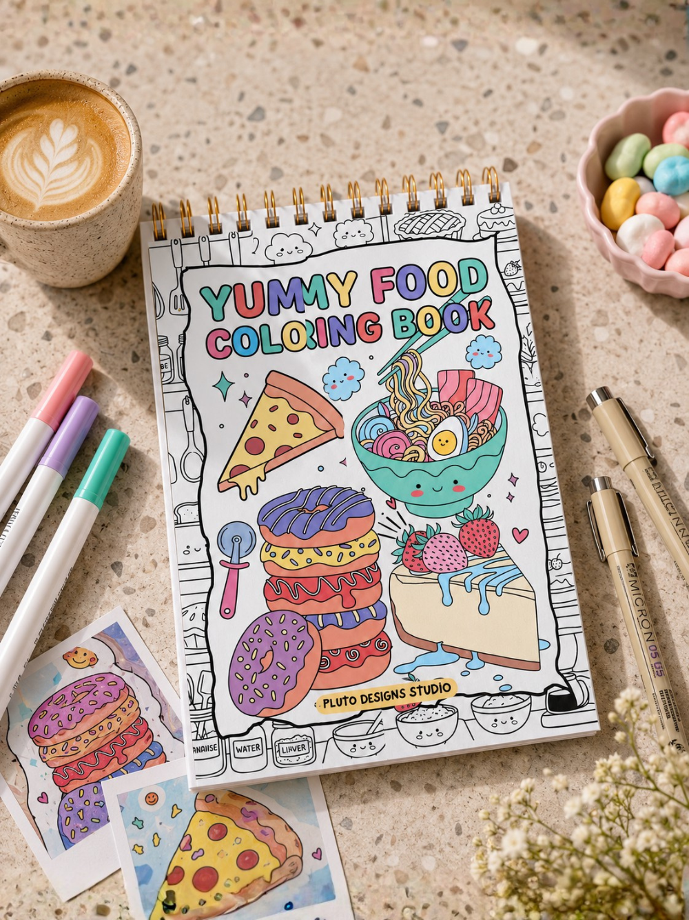 Yummy Food A4 Coloring Book | Bold & Clear Snack Coloring Pages for Kids, Teens, Adults & Seniors by Pluto Designs Studio Papel