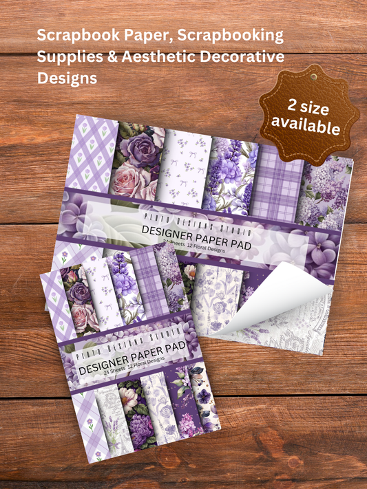 Designer Paper Pad – Elegant Lavender Purple Theme Floral Vintage Scrapbook Paper Set